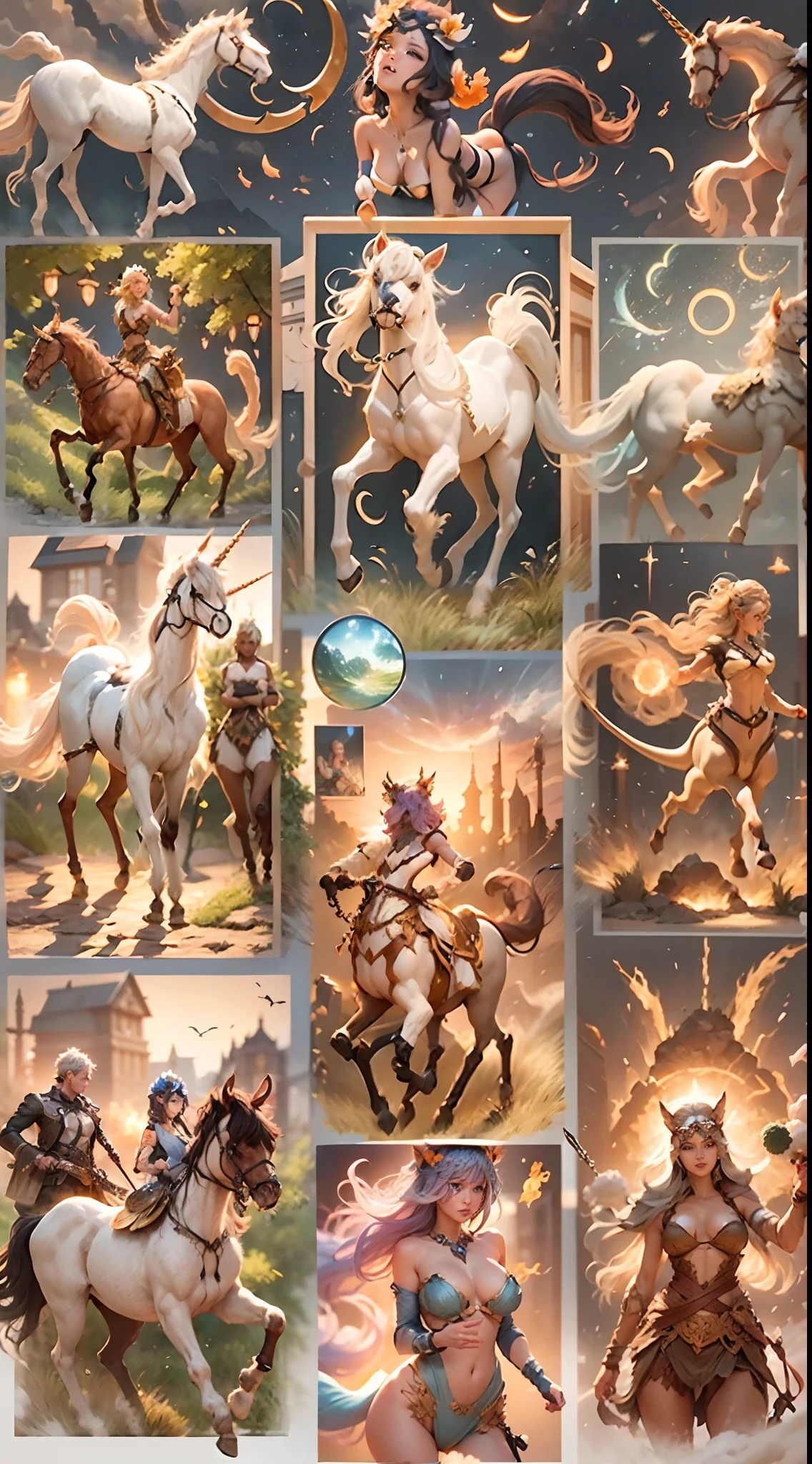In the beautiful illustration of this super-grand scene,The ultra-distant lens shows us(Over eight separate and distinctive centaur characters:9.9),They all have their own characteristics,Vivid and interesting。Translucent fluid flowing from the(A radiant angelic centaur from the celestial realm:6.6),to the(A centaur surrounded by nightmarish flames:6.6)、And then(A fairy centaur dancing in the air:6.6)、And then there is(Unicorn centaur surrounded by lightning:6.6),to the(Mechanical style centaur with a metallic glow:6.6)、And then(Powerful colorful dragon scale centaur:6.6)、And then(Graceful and agile elf centaur slenderness:6.6)Gracefully wears a flower crown、to the(Enchanting and charming Tiflin centaurs:6.6)、And then(A succubus centaur with an indescribably sexy feeling:6.6)。Each character has their own unique charms and abilities。The illustration uses advanced artistic techniques and tools,(Use nesting、woven、stitching、ssee-through、arrange、grouping、Storyboards and other methods,Divide the scene into sections by geometric arrangement:9.9),Each section corresponds to a centaur character,This makes more efficient use of space。Through Midjourney's advanced brush tools、Color palette、Material packs and model packs、Texture tools,For each centaur, beautiful props are designed to increase racial characteristics、Clothing and physical features,(Enhances the character's personality and visual appeal:2.5),The scenery in the illustrations is stunning,There are changing skies、rainbowing、extreme light、Stars and Moon。Incorporating iconic landmarks such as Mount Everest,and fireworks、tranquil lake、Natural and urban elements of waves and neon lights,Creates a magical atmosphere,The centaurs display their unique abilities and equipment in a variety of environments,This is true even in extreme alien landscapes。(Use Midjourney's tools、Material packs、Texture tools、The color palette makes depicting details vivid and realistic:9.9),From complex hairstyles and as well as different racial tr