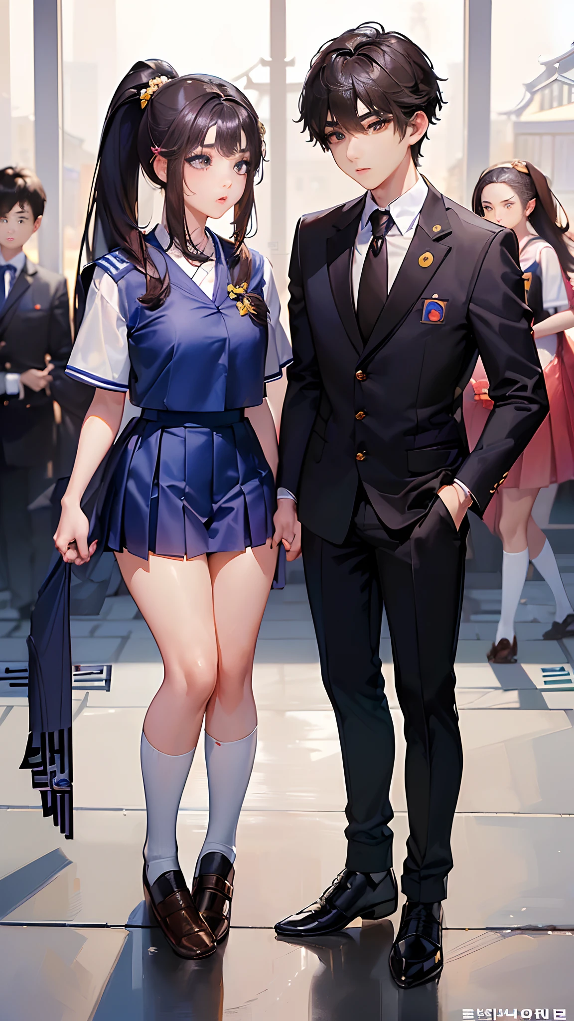 (masterpiece,uhd,best quality:1,5),(perfect anatomy and best proportion,detailed face and eyes,perfect face and eyes:1,5),(( a beautiful young girls and a handsome young boy,age down,13 year old:2,0),((perfect couple with Korean Middle School Uniform:2.0)),(a girls pony tail with mini skirt,a boy with korean man hair style:1,5),(Stand side by side, holding hands,1-boy and 1-girls:2,0),young face,(school background),(a girls with medium breast and curvy body),(Shoot from the front),(expressive eyes)