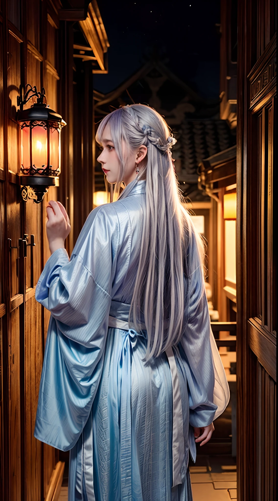 Long lavender hair,bell,pale blue color eyes,Red floral tattoo,Crystal earrings,Quidom,(surrealism:1.1),(Cinematic lighting:1.05),(reflective light:1.1),(Letterbox format:1.15),(profile:1.05),(From behind:1.1),超高分辨率,Masterpiece:1.2,Highly detailed