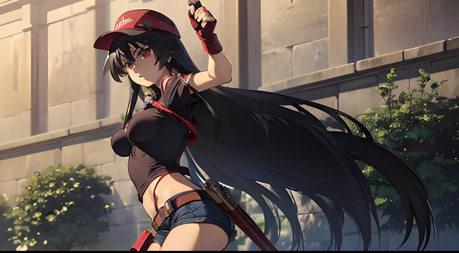 akame , (masterpiece, best quality), beautiful red eyes,shiny skin,sharp eyes,insanely detailed face,contrapposto, (very long hair))),(((solo, 1girl,))), black hair, ((medium breasts)),((cap hat black t- shirt,short jeans )),hair between eyes, ass, big eyes,full body, on streets