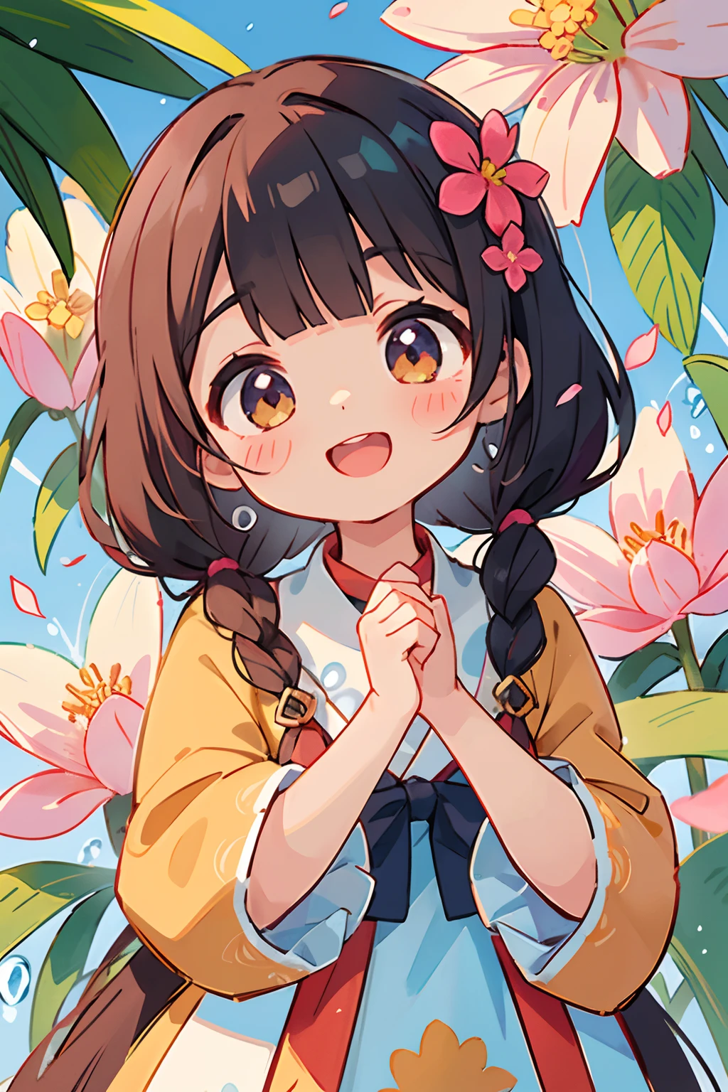 Stand in front of the photo、Open mouth and big smile、Water droplets on the cheeks、kawaii pose(Tehepero)、Flowing iridescent silk、up of face、Eye Up、Colorcon with heart pattern、Floral dress、There are flowers even in front of you、flower petals、season!!: 夏天☀ 🍂