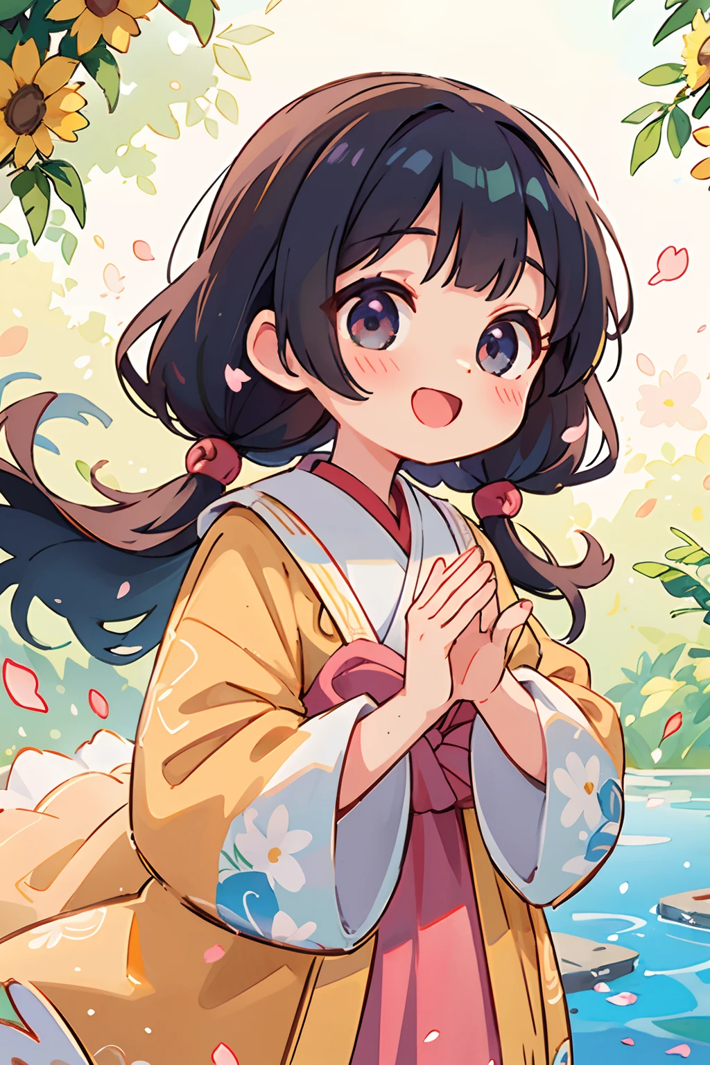 Stand in front of the photo、Open mouth and big smile、Water droplets on the cheeks、Making a heart with both hands、Flowing iridescent silk、up of face、Eye Up、Colorcon with heart pattern、Floral dress、There are flowers even in front of you、flower petals、season!!: 夏天☀ 🍂