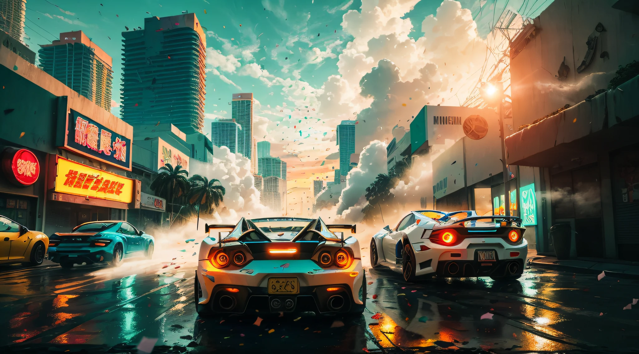 Bright sunny day, beautiful cloudy sky, sunset, sports car, cyberpunk, Miami city streets, neon signs and crowds, confetti fragments, dust, wind volumetric fog, exciting epic action camera, professional majestic oil painting(真实感:1.2)(Image size:16:9)(Best Quority)(cinematiclight)