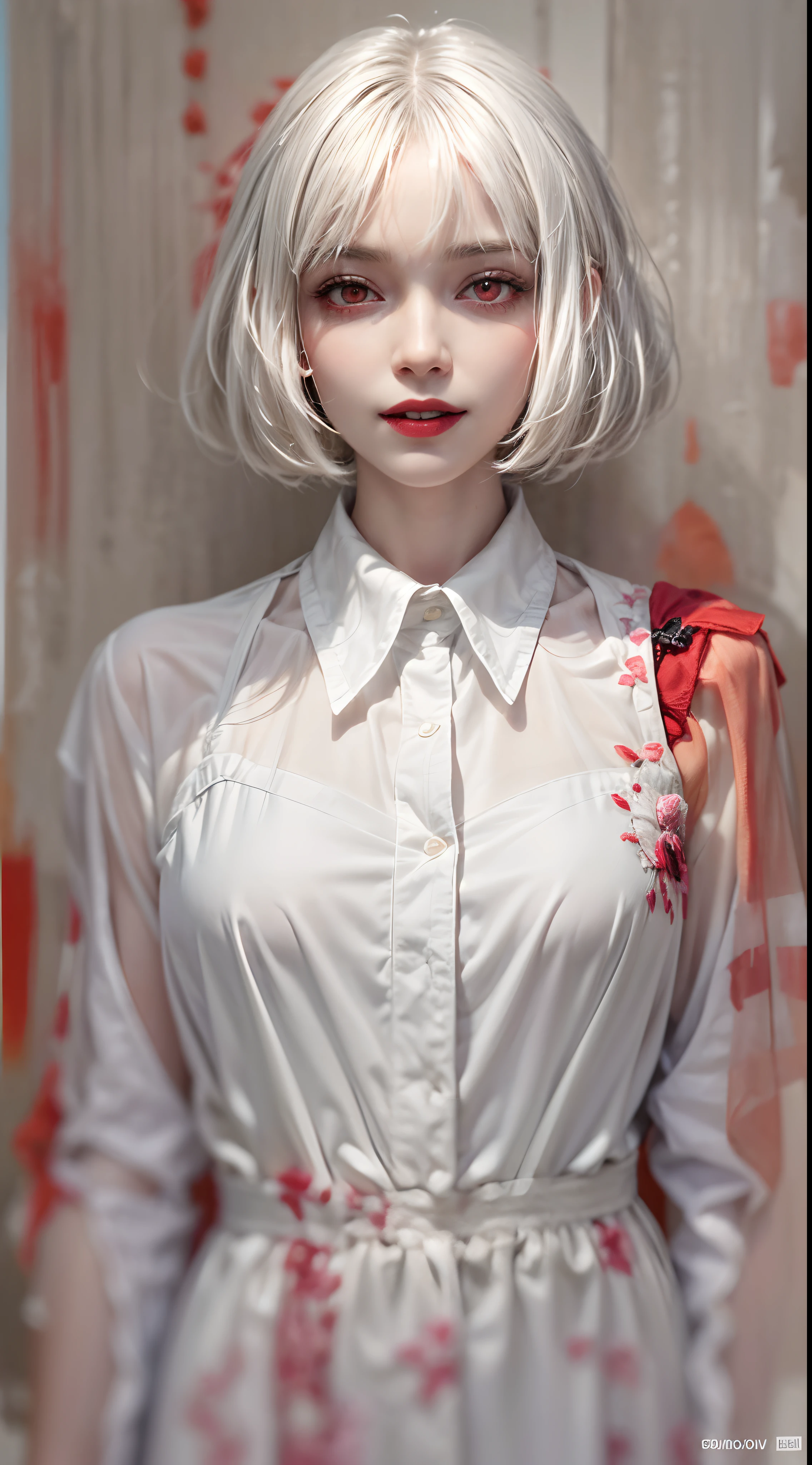 (((Masterpiece, best quality, highres))), (((vampire girl, red eyes, evil smile))), ((pale skin)), ((gothic white dress, bob cut hair, white hair)), hyperrealist portrait of female by david hockney and alphonse mucha, fantasy art, photo realistic, dynamic lighting, artstation, poster, volumetric lighting, very detailed faces, perfect face, perfect hands, 4 k, award winning, 1girl, in the dark, deep shadow, low key, cowboy shot)).