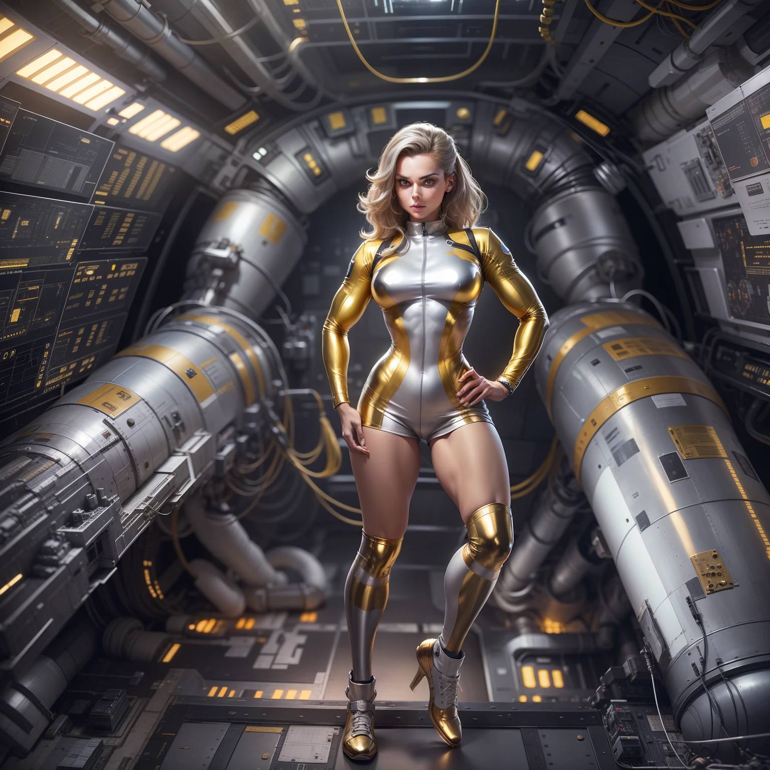 Sporty and sexy woman in uniform with silver metal sheets , Gold and bronze,Big eyes and muscular legs, The full story, It is located in the spacecraft control center, With mechanical , conduit, Cables and technology.