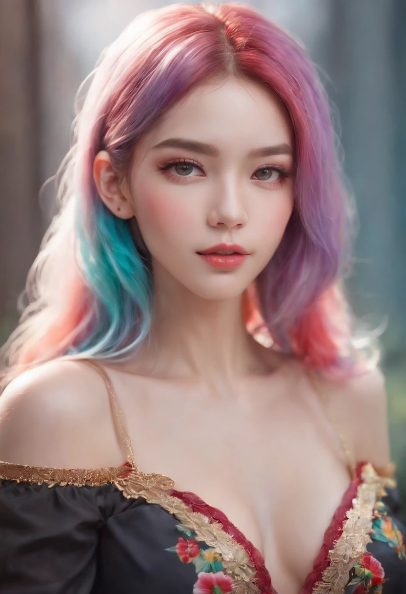 (focus detailed mouth), (teeth), (ear) ,anime girl with colorful hair and a colorful dress, rossdraws pastel vibrant, rossdraws cartoon vibrant, anime style 4 k, beautiful anime portrait, artgerm colorful!!!, ! dream artgerm, beautiful anime girl, anime styled digital art, anime art wallpaper 4k, anime art wallpaper 4 k, digital anime art, extremely detailed artgerm