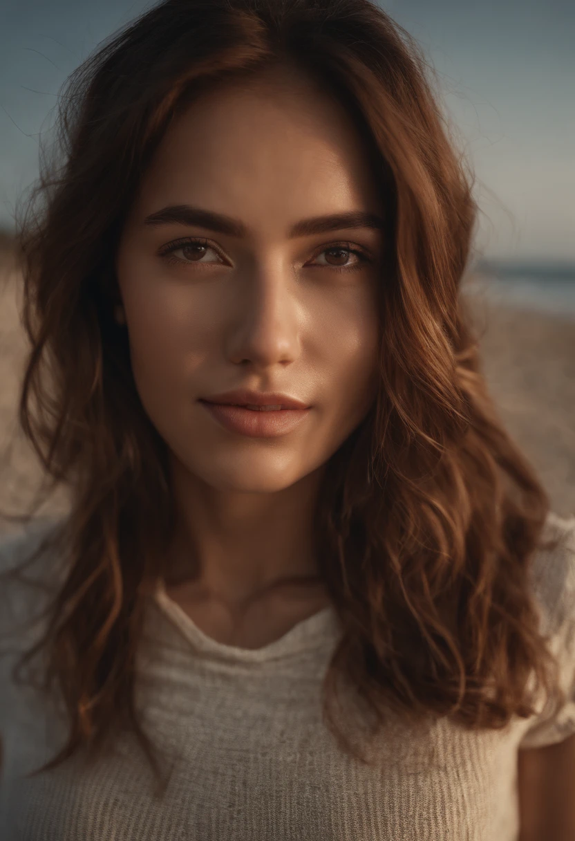 masutepiece,Best Quality:1.4),(8K,Photo RAW,Photorealista:1.2),(glowy skin),detailedskin,Detal Face,A detailed eye,1girl in、The upper part of the body,Extremely beautiful face,Brown hair、Stay outside、Clear skies、full bodyesbian、Walk along the beach while pushing your bike with your hand