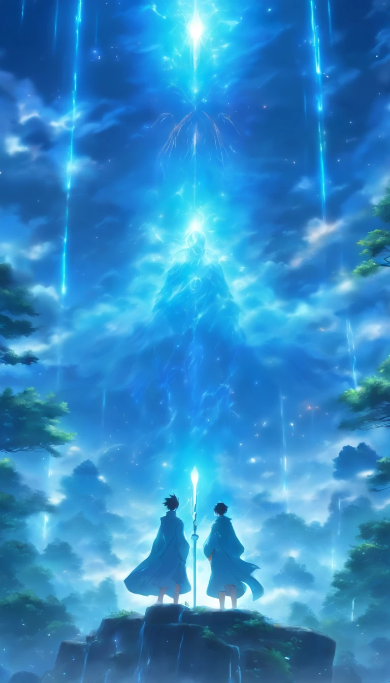 /imagine prompt: Excited elders standing on high platforms, His eyes flashed with a sly light, It is surrounded by a misty forest,Two floating female figures can be faintly seen in the darkness, The elder held a staff,Strange runes flashed on the staff, full of strength, ,32K, Best quality, Masterpiece, Super detail, High details, By Makoto Shinkai ,in the style of the stars art group xing xing, --niji 5"