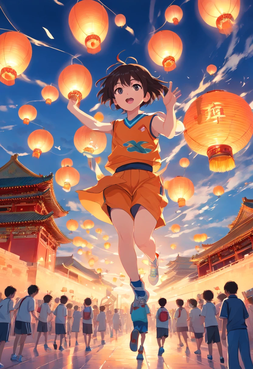 In front of the Forbidden City, children in basketball uniforms are cheering，Lanterns float in the air，Doves of peace are flying，national day，The overall picture is in the lower center