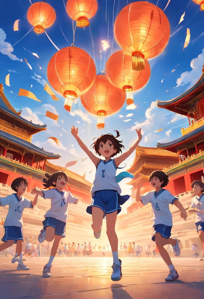 In front of the Forbidden City, children in basketball uniforms are cheering,Lanterns float in the air,Doves of peace are flying,national day,The overall picture is in the lower center