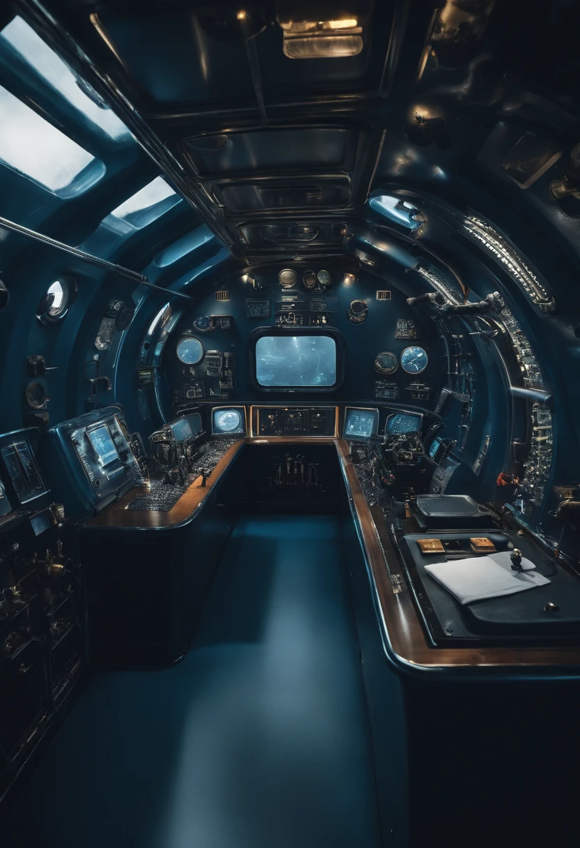 Inside the submarine，high - tech，sci-fy，Console，Captain's first perspective，The interior of the submarine is dark blue，Repressive，Epic magnificence，mechanized