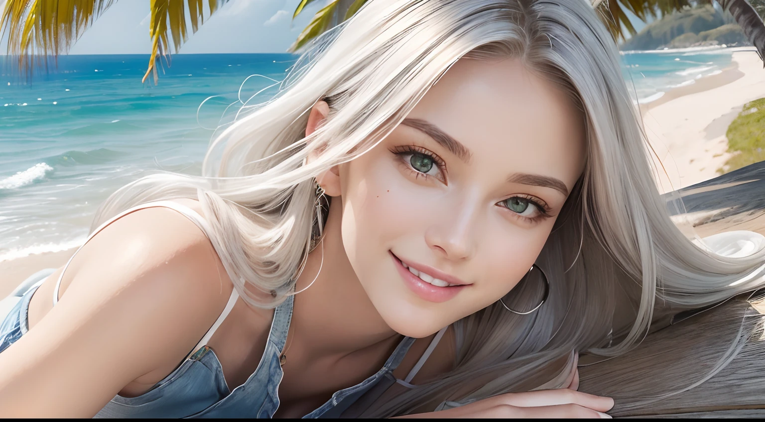 (Masterpiece, Best Quality, Photorealistic, high resolucion, photography, :1.3), Close-up shots of faces, Close-up shots of faces, Close-up shots of faces,  Sharp focus, (1 Girl, A European girl, Popular models), Realistic skin, Slender body type, Big breasts, (Her long, Pure white silver hair swept to the side, extremely detailed hair), Delicate sexy face, Organoleptic gases, Sparkling lips,(green pupil),(green pupil),(green pupil), ((realisitic, A hyper-realistic, realism, realistic detailed)), (Medium Tits:1.5), (White tank top T-shirt and ripped jean shorts), (A slender waist), (slim thigh), (Small hips), (Sorrisos),  (seaside, waves, palm tree) (seaside, waves, palm tree), (Long straight hair), A woman is standing, (Sorrisos), (Sorrisos)
