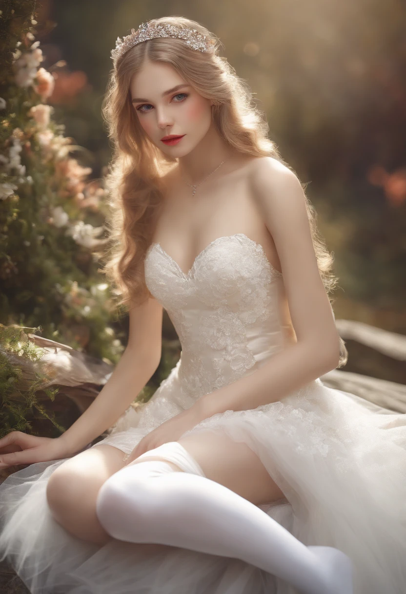 (Best quality, high resolution, Ultra detailed, Photorealistic:1.37), Fox girl, shyexpression, 16 years old, Wearing a wedding dress, Naked girl, White stockings, Legs apart, Crossed legs
