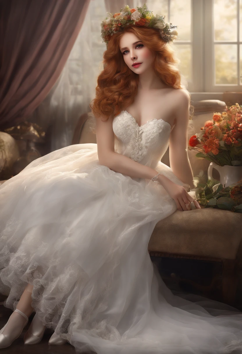 (Best quality, high resolution, Ultra detailed, Photorealistic:1.37), Fox girl, shyexpression, 16 years old, Wearing a wedding dress, Naked girl, White stockings, Legs apart, Crossed legs