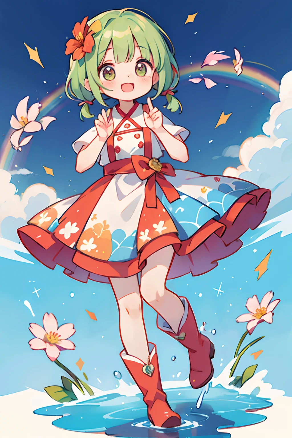 Stand in front of the photo、1girl in,Full body,a short bob, But long pigtails, rainbow color Hair,long boots,Open mouth and big smile、Water droplets on the cheeks、kawaii pose、Flowing iridescent silk、up of face、Eye Up、Colorcon with heart pattern、Floral dress、There are flowers even in front of you、flower petals、season!!: 夏天☀ 🍂