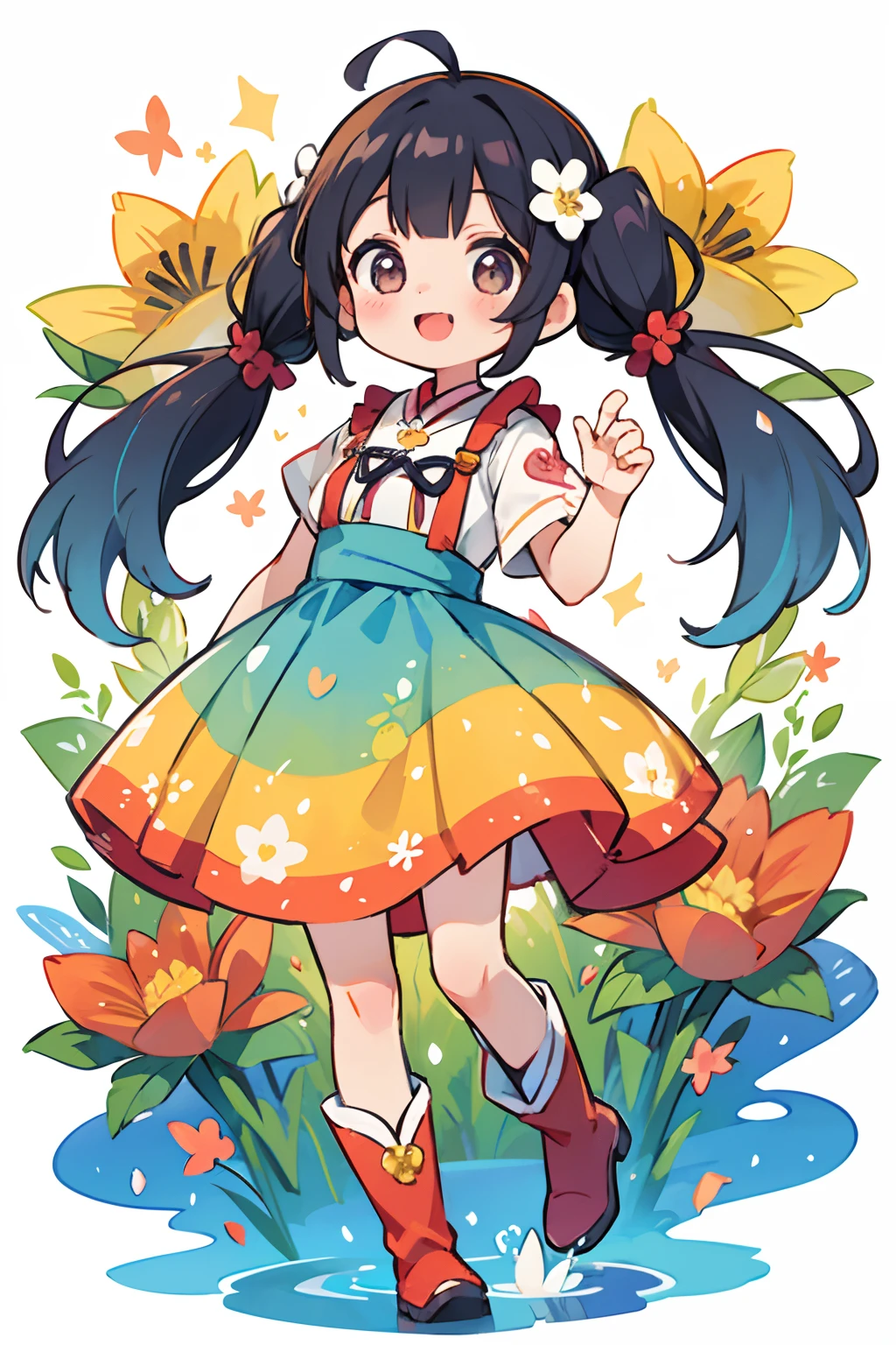 Stand in front of the photo、1girl in,Full body,a short bob, But long pigtails, rainbow color Hair,long boots,Open mouth and big smile、Water droplets on the cheeks、kawaii pose、Flowing iridescent silk、up of face、Eye Up、Colorcon with heart pattern、Floral dress、There are flowers even in front of you、flower petals、season!!: 夏天☀ 🍂