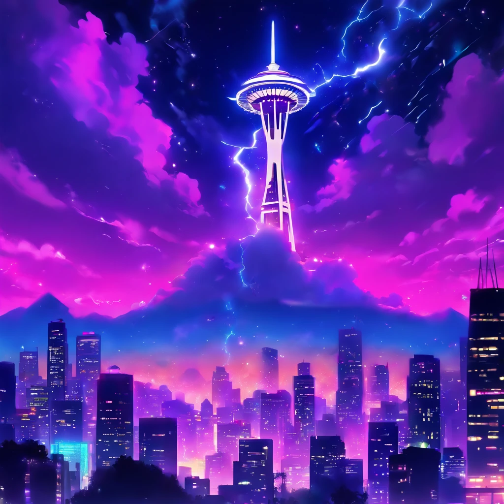 Isekai Space Needle、Space Needle of the near future、Space Needle、landmark、thunder clouds、lightning bolt、thunderstyle, simple purple background, Space Needle floating in the night view of Seattle、fantasy art, The glowing Space Needle、Fantasy world of Seattle cityscape、from below, night sence, night city view, Composition with emphasis on the presence of the Space Needle、