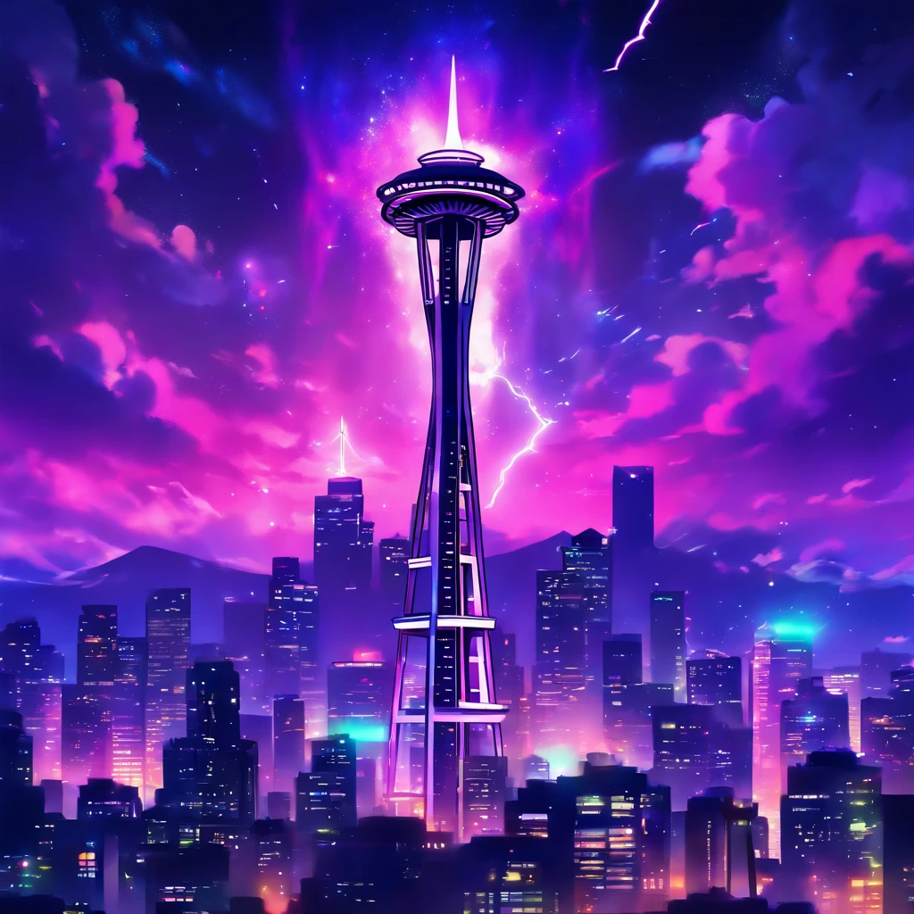 Isekai Space Needle、Space Needle of the near future、Space Needle、landmark、thunder clouds、lightning bolt、thunderstyle, simple purple background, Space Needle floating in the night view of Seattle、fantasy art, The glowing Space Needle、Fantasy world of Seattle cityscape、from below, night sence, night city view, Composition with emphasis on the presence of the Space Needle、