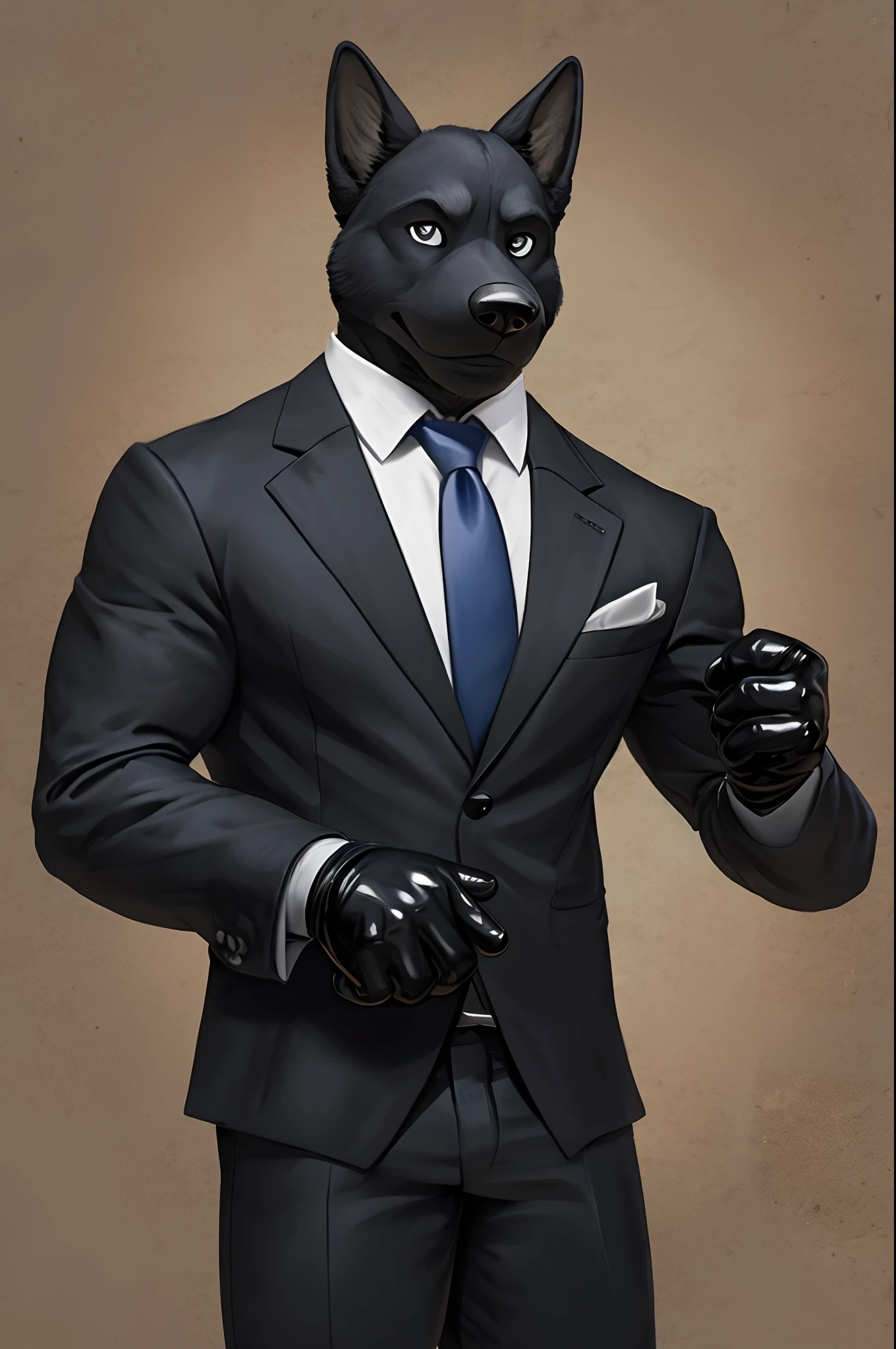 masterpiece, best quality, highres, 1male, solo, black dog man, furry, black business suit, expressionless, agent, leather gloves