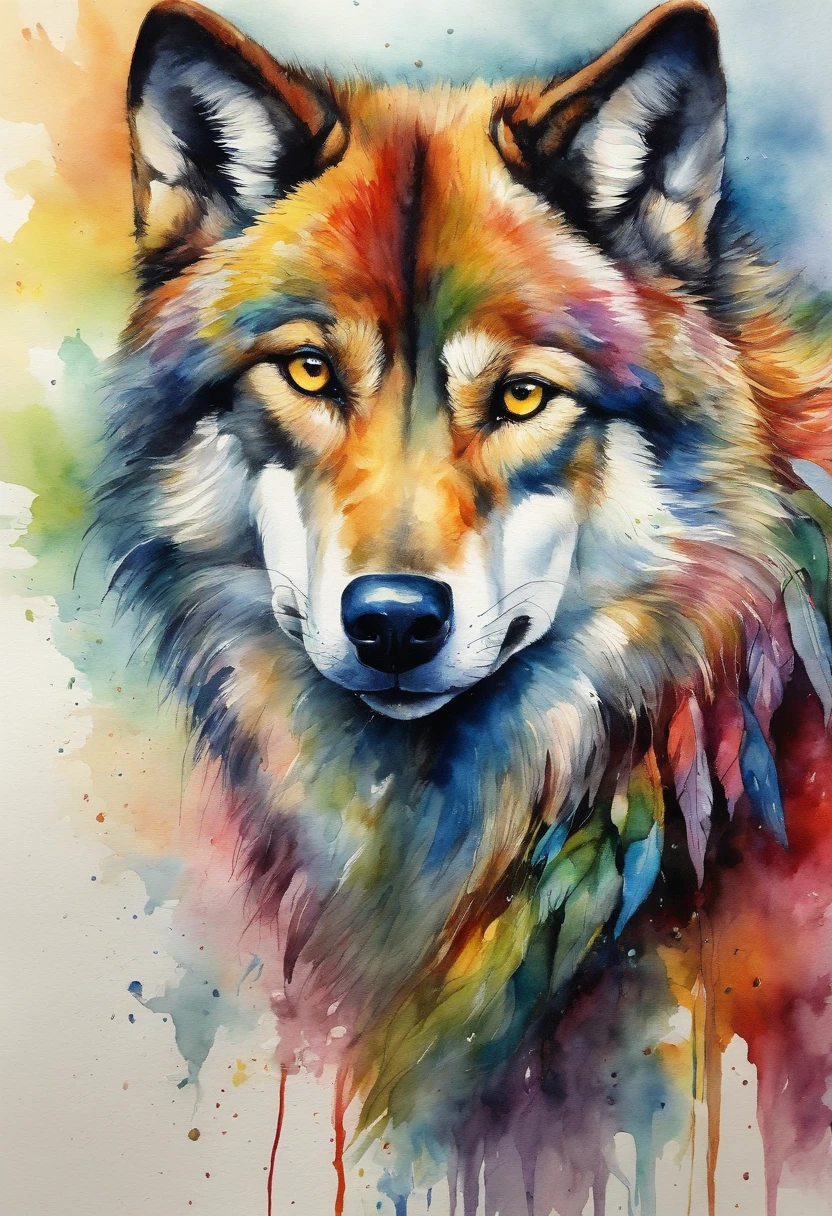 Picture of a wolf, rainbow colours, vibrant, spectacular