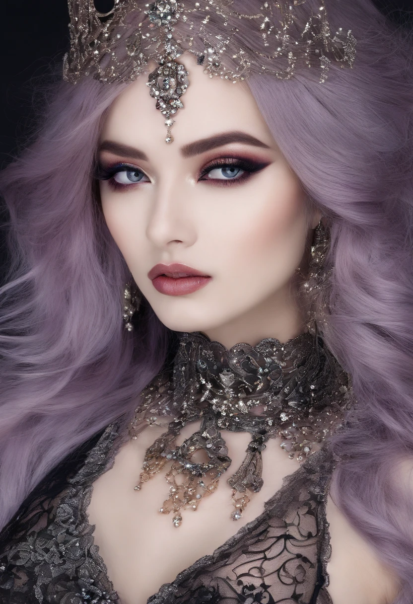 RAW photograph, photorealistic pic of a 21 yo girl, golden skin, dark purple hair, long hair, scattered, hair blown up by the wind, dark eyes, perfect face, highly detailed facial features, deep eyes, smile, transparent crop top, iridescent blue feather skirt, fishnet stockings, sliver heels, high-grade lighting, exquisite picture, exquisite eyes, best shadow, best picture quality, best light, rich details, atmosphere, high resolution, masterpiece, stained glass background, Head Tilt, Rich Detail, Fine Background, erotic pose, gothic