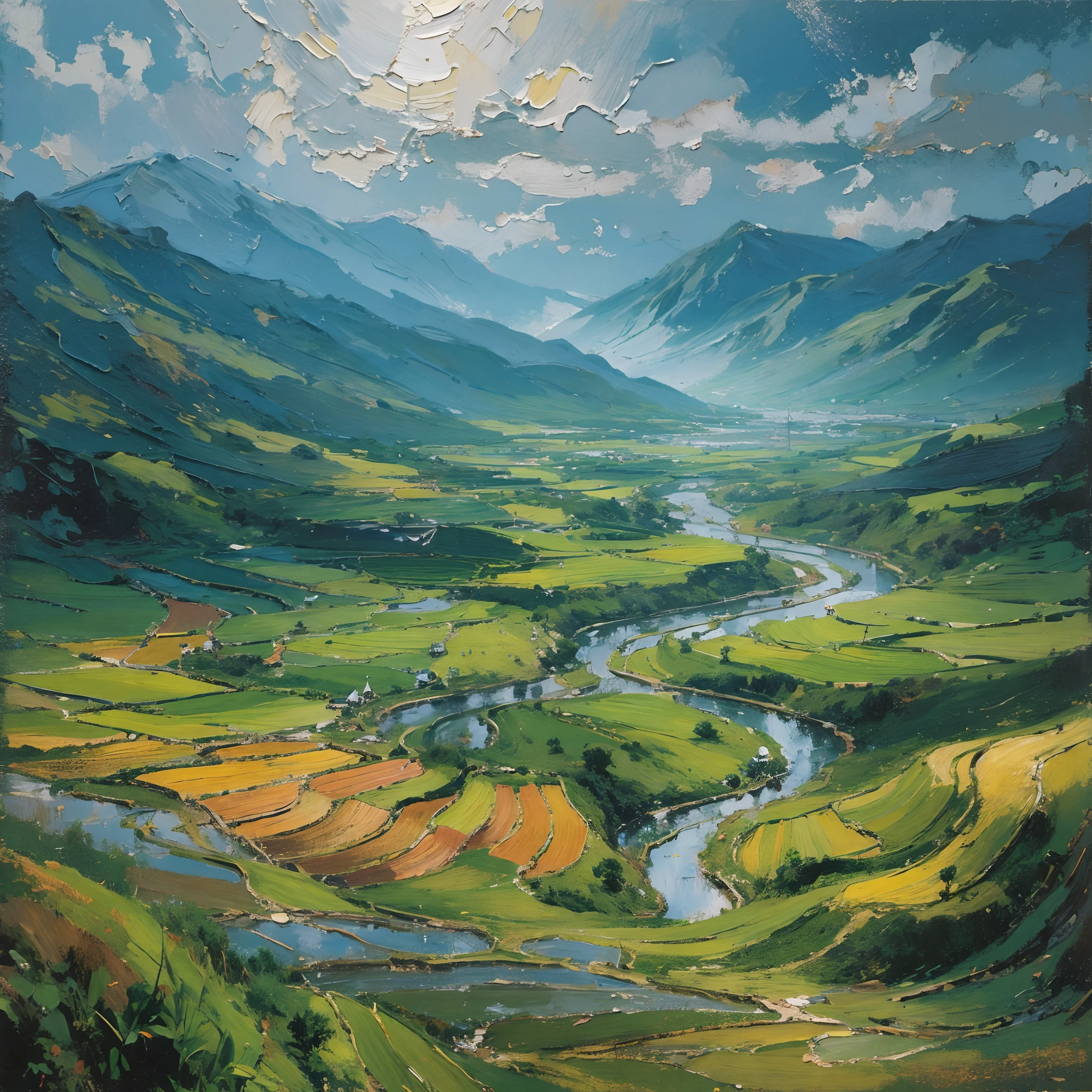 Oil painting, stream, rice paddy