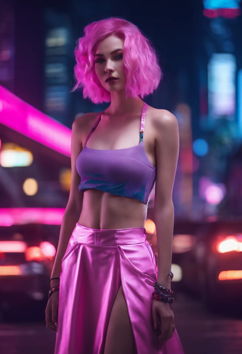 RAW photo of young English woman, color photograph, full length portrait, ((a realistic photo of a beautiful young 21yo girl)), shadows, futuristic silver wing eyeliner, dark lips, ((pale glowing skin)), looking at viewer, sexy, erotic pose, smirk, shy, expressive purple hair, perfect facial features, perfect realistic skin, tight iridescent dark pink crop top, short pleated pink skirt, masterpiece, high quality, very detailed face, gothic, night bokeh background, small breasts,