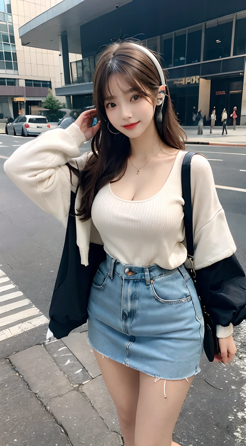 ((Best quality, 8K, Masterpiece :1.3)), Photorealsitic,1girll, with a good figure, Long legs,The upper part of the body, (long whitr hair, mediuml breasts:1.2), Clothes random, Super detailed face, A detailed eye, 二重まぶた,ssmile,(At the concert site:1.3),Random color clothes,Raised sexy,Listen to songs with headphones,cleavage,Face the lens,Fans