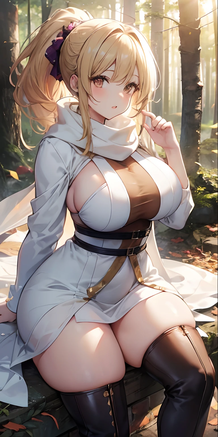 Anime woman, curvy, thick thighs, flowery dress, white scarf, brown boots, blonde hair, ponytail, hair with light brown highlights, straight hair, botox lips, brown eyes, beautiful face, soft skin , lit forest, big breasts.
