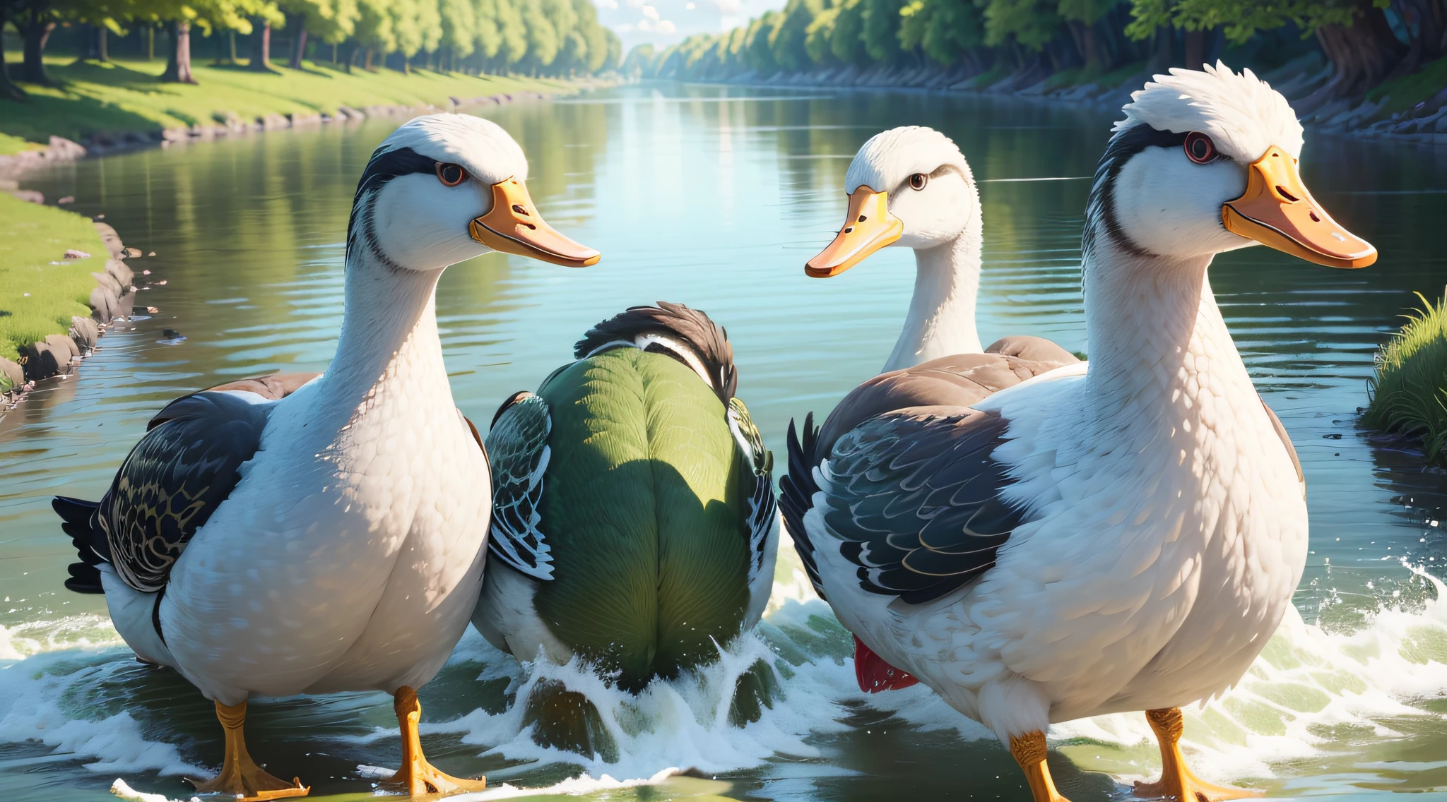 (best quality,4k,8k,highres,masterpiece:1.2),ultra-detailed,realistic,photorealistic:1.37,ducks running by the riverside,close-up:1.1,blue sky,white clouds,green trees,flowing river