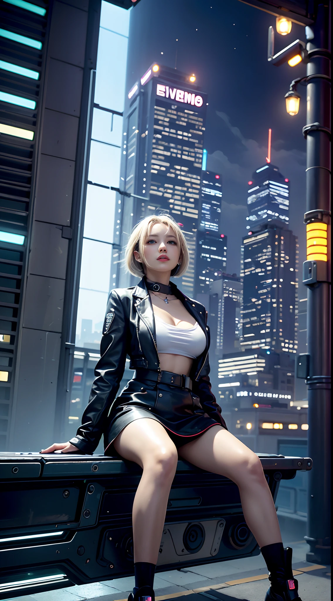 top-quality, masterpiece, 16k picture quality, 细致背景, At night in a futuristic cyber city, skyscrapers are illuminated with LED lights, and neon signs are flashing. Please depict a beautiful high school girl sitting on a corner of a skyscraper. She is wearing a modern school uniform and is illuminated by the lights of the city behind her. Her medium bob hair glows in a bluish-white hue, plump big breasts, Open legs, evoking a cyberpunk atmosphere. Her expression is confident, and she appears to be enjoying the allure of the futuristic city.
