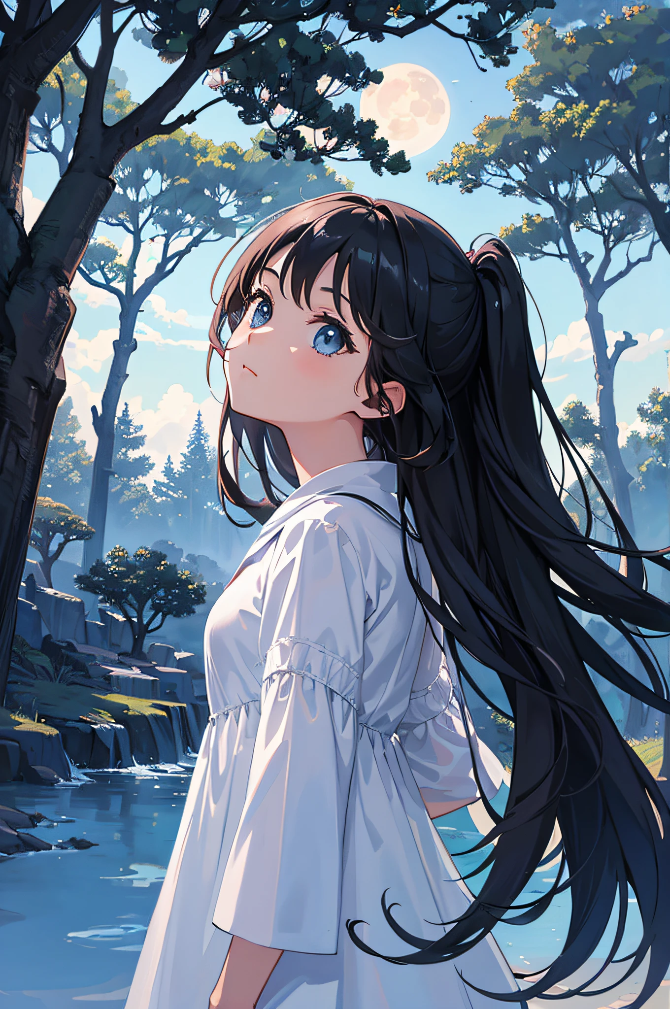 A girl looks up at the full moon under a tree,There is only one moon in the painting,The sky is deep black