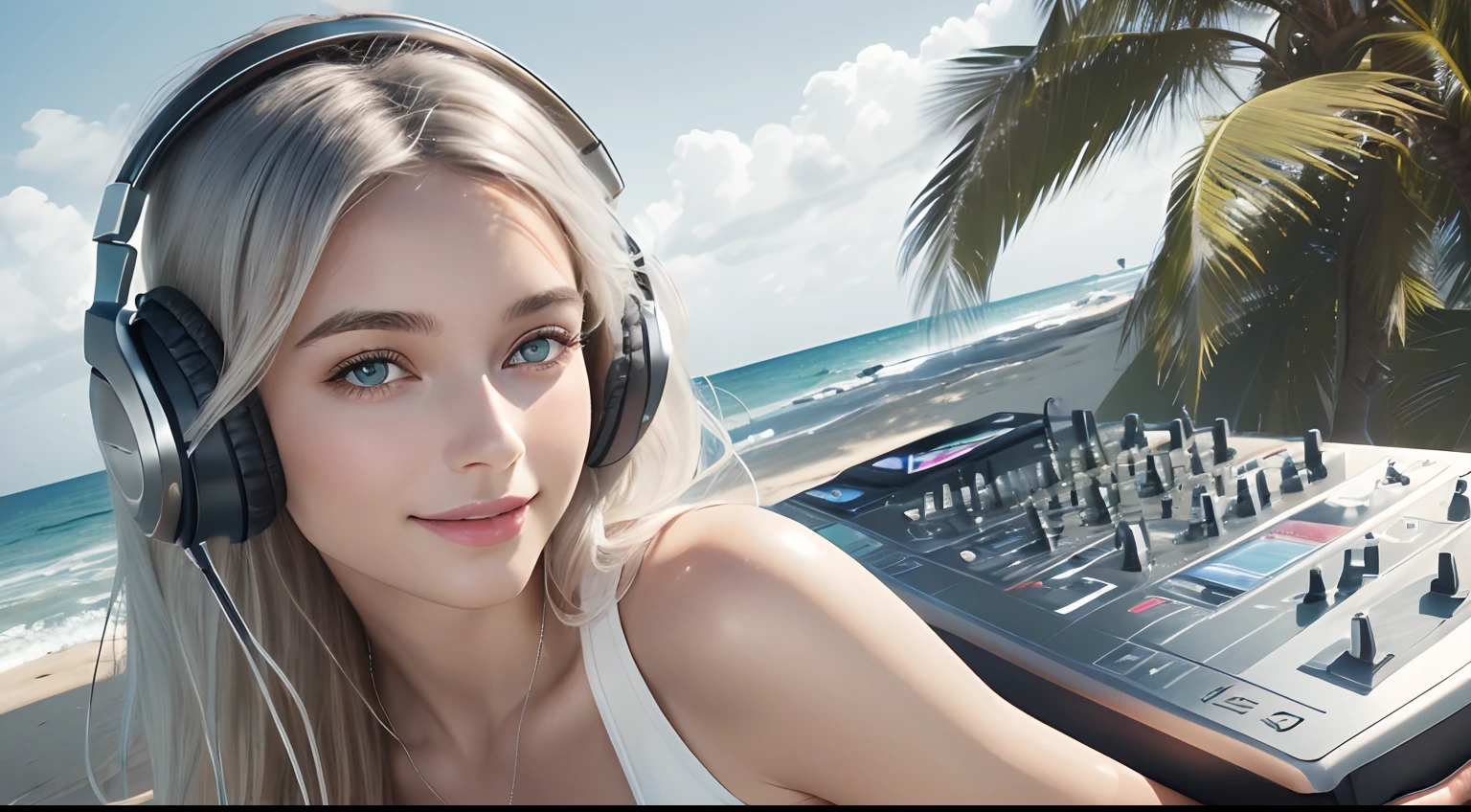 (Masterpiece, Best Quality, Photorealistic, high resolucion, photography, :1.3), Close-up shots of faces, Close-up shots of faces, Close-up shots of faces, Sharp focus, (1 Girl, A European girl, Popular models), Realistic skin, Slender body type, Big breasts, (Her long, Pure white silver hair swept to the side, extremely detailed hair), Delicate sexy face, Organoleptic gases, Sparkling lips,(green pupil),(green pupil),(green pupil), ((realisitic, A hyper-realistic, realism, realistic detailed)), (Medium Tits:1.5), (White tank top T-shirt and ripped jean shorts), (A slender waist), (slim thigh), (Small hips), (Sorrisos), (seaside, waves, palm tree) (seaside, waves, palm tree), (Long straight hair), A woman is standing, (Sorrisos), (Sorrisos), (headphones), (Woman manipulating DJ mix equipment), (headphones), (Woman manipulating DJ mix equipment), (headphones), (Woman manipulating DJ mix equipment)