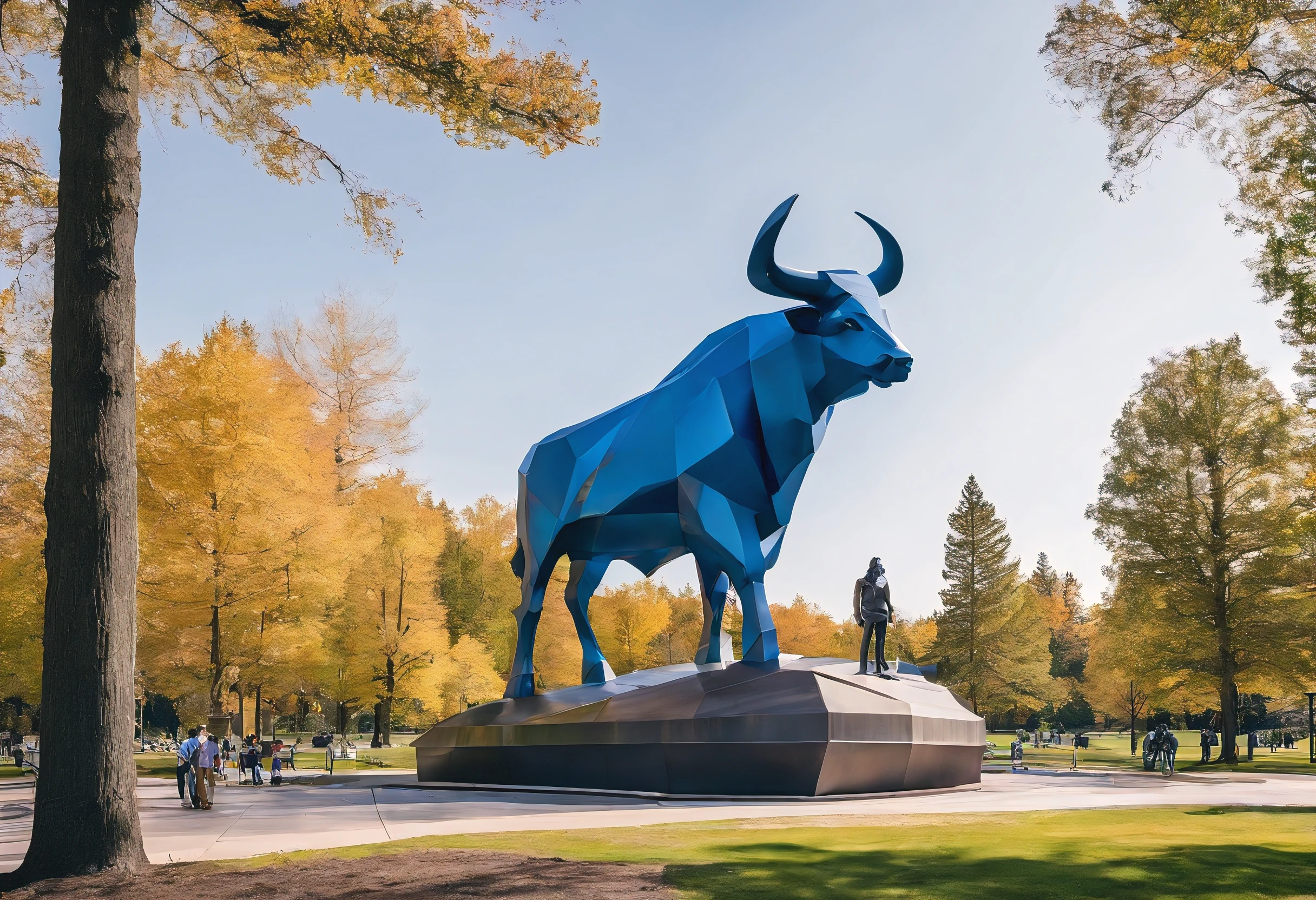 photo of colossal statue of Paul Bunyan and his blue ox pet, smiling, isometric view, public park, trees, water, sunny, nikon z9, detailed, high quality, high resolution, 8k, high saturation