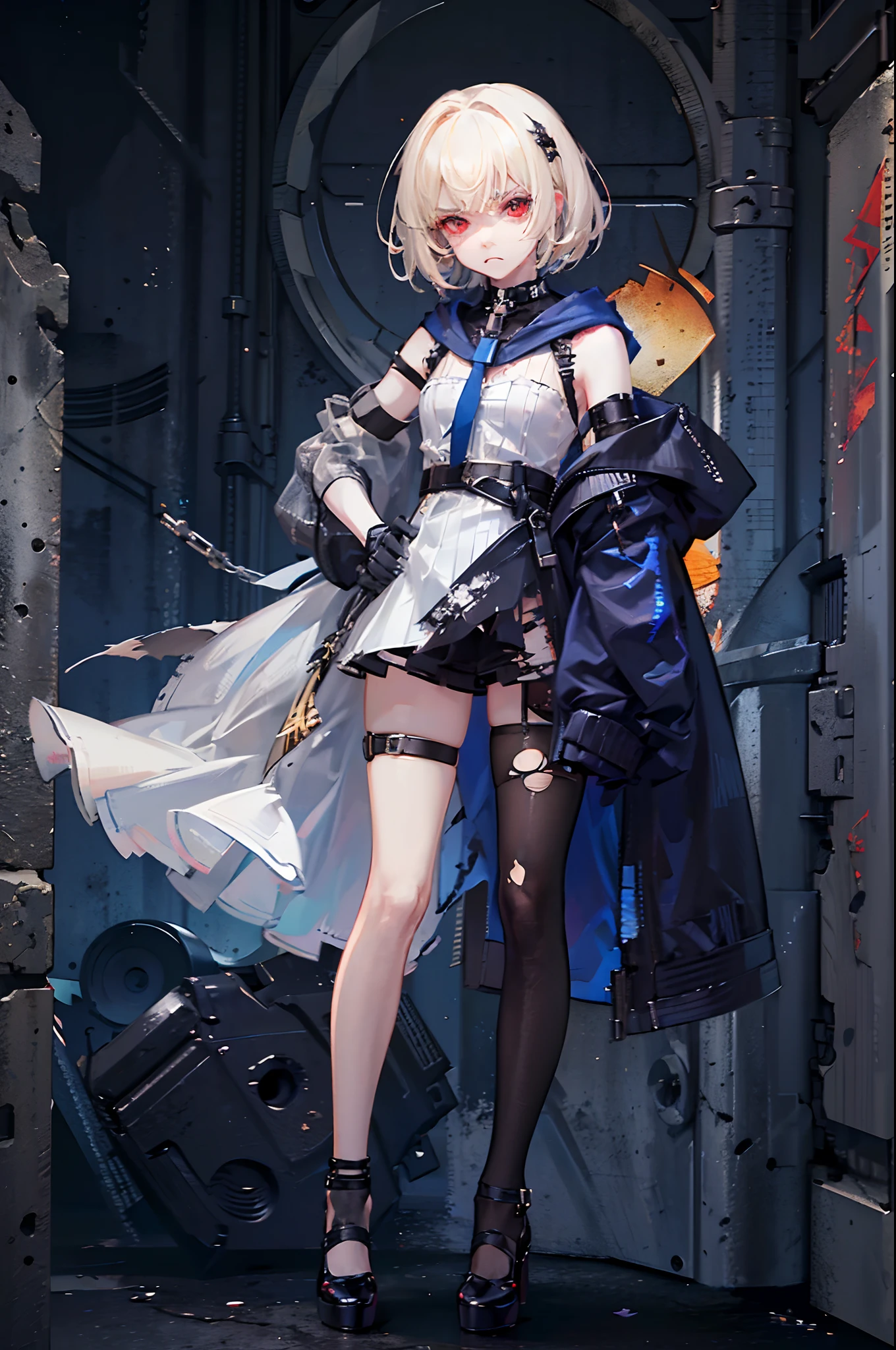 1 girl, little girl, solo, pale skin, ((tattered and torn clothes, displeased look, angry look)), poor district in background, blouse, (blonde hair, sidebangs, short hair, red eyes), shades of grey, cute hair_ornament, (knife, torn azure legwear, hood)