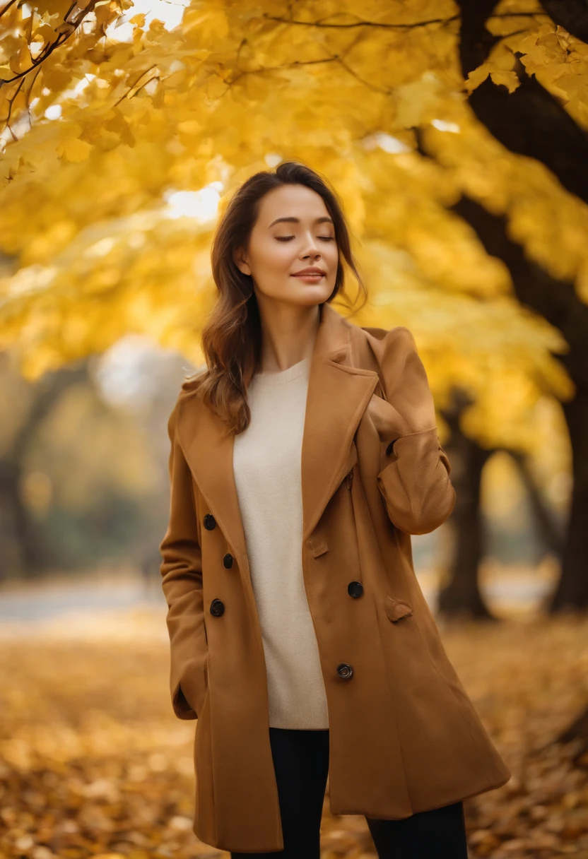 xxmixgirl, young woman relaxing in front of ancient ginkgo tree, walking in the forest, autumn, fashionable clothing, tourist attractions, style light white and brown, brown clothes, coat, unique facial features, relaxed and happy, Hasselblad h6d-400c, close-up, happy Optimistic, ((upper body))