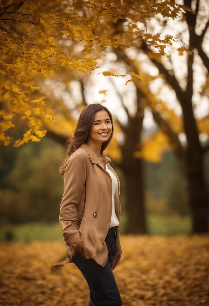 xxmixgirl, young woman standing and relaxing in front of ancient ginkgo tree, walking in the forest, autumn, fashionable clothing, jeans, maroon sweater, belt, tourist attraction, style light white and brown, brown clothes, coat, unique facial features, relaxed and happy, Hasselblad h6d-400c, close-up, happy and optimistic, ((upper body))