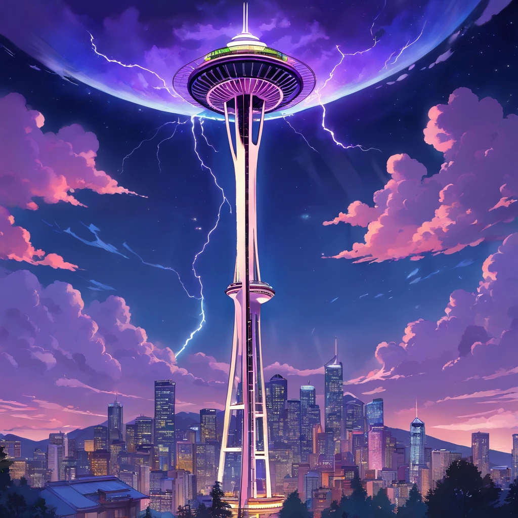 Isekai Space Needle、Space Needle of the near future、Space Needle、landmark、thunder clouds、lightning bolt、thunderstyle, simple purple background, Space Needle floating in the night view of Seattle、fantasy art, The glowing Space Needle、Fantasy world of Seattle cityscape、from below, night sence, night city view, Composition with emphasis on the presence of the Space Needle、