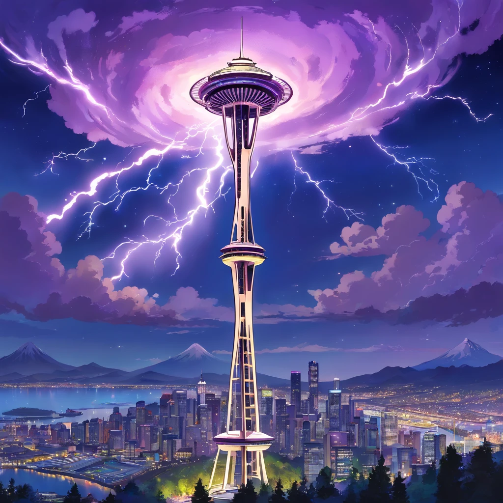 Isekai Space Needle、Space Needle of the near future、Space Needle、landmark、thunder clouds、lightning bolt、thunderstyle, simple purple background,　Space Needle floating in the night view of Seattle、fantasy art, The glowing Space Needle、Fantasy world of Seattle cityscape、from below, night sence, night city view, Composition with emphasis on the presence of the Space Needle、