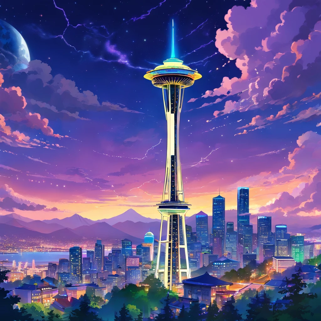 Isekai Space Needle、Space Needle of the near future、Space Needle、landmark、thunder clouds、lightning bolt、thunderstyle, simple purple background, Space Needle floating in the night view of Seattle、fantasy art, The glowing Space Needle、Fantasy world of Seattle cityscape、from below, night sence, night city view, Composition with emphasis on the presence of the Space Needle、