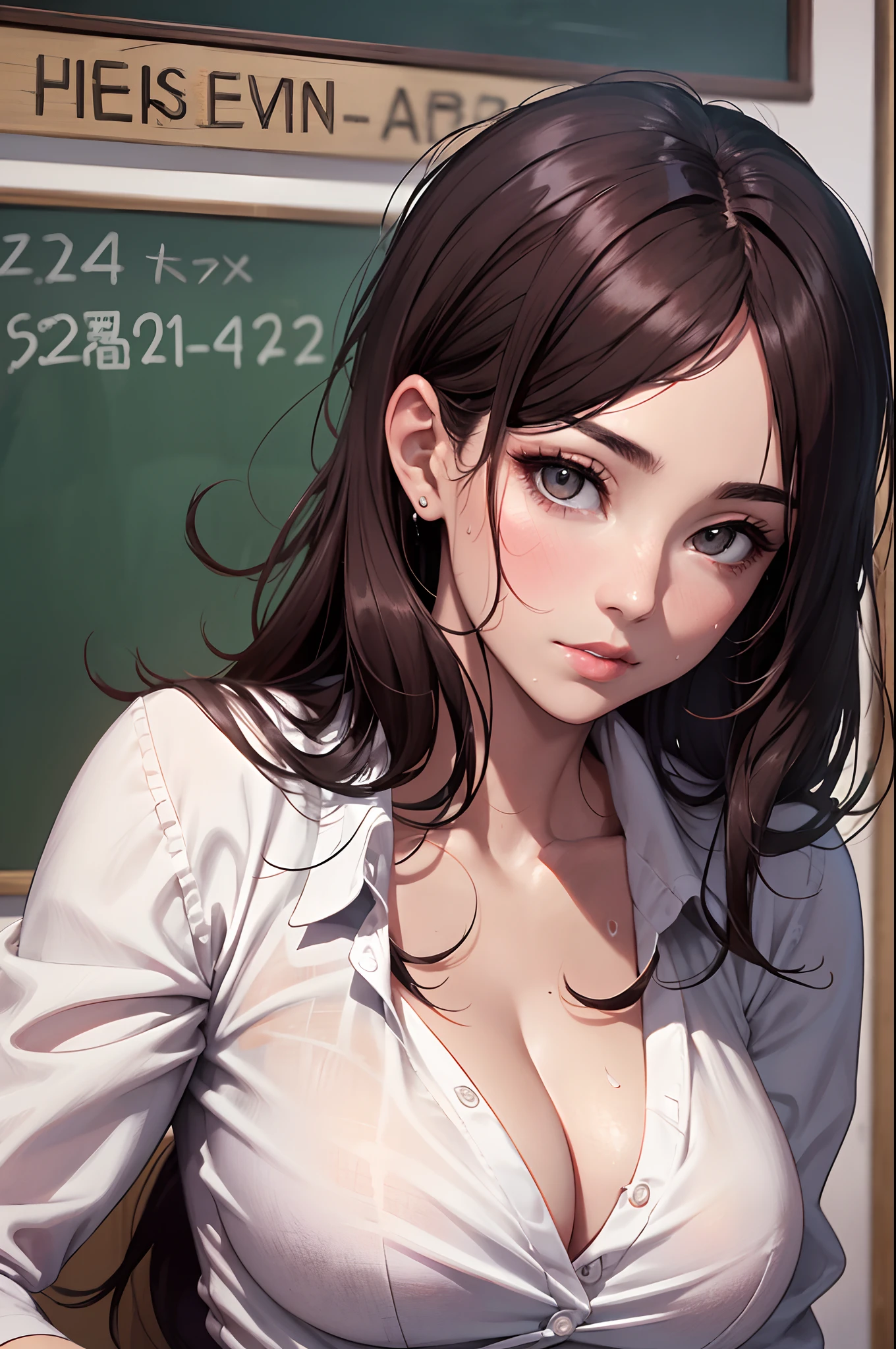 8K picture quality、top-quality、masutepiece，in a school，white  shirt，blacksuit，‎Classroom，A teacher，Large breasts，cleavage，super high image quality、ultra - detailed、Ultra-realistic hair quality、Vibrant colors，Sweaty forehead and cheeks、soft pink lips、Red cheeks