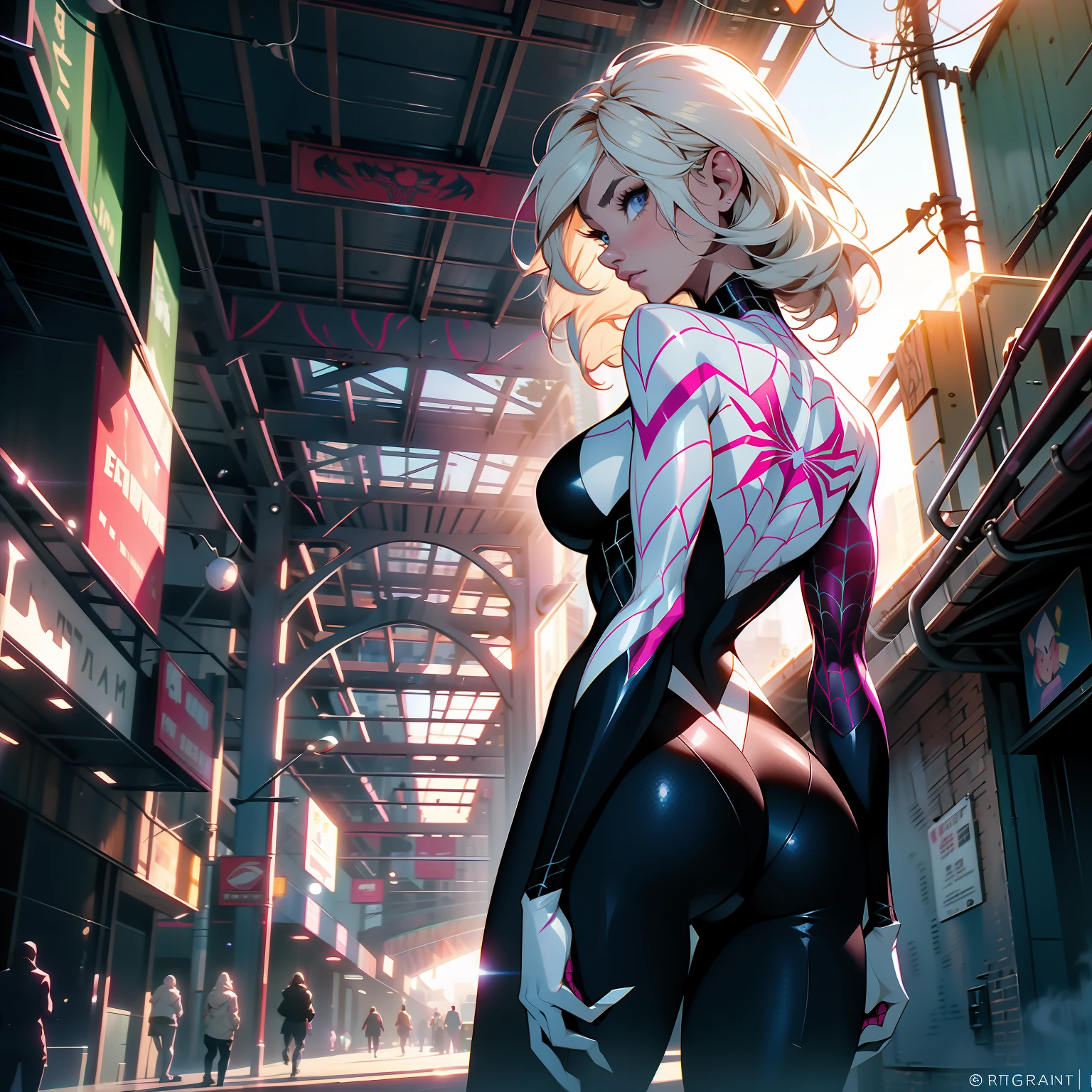 (masterpiece, best quality), (detailed face and eyes) (cowboy shot) SpiderGwen, Gwen, Ghost Spider, big breasts, beautiful girl,mains entre les jambes, H-cup, big breasts, cleveage (detailed beautiful eyes) full body shot, underboob, full-body shot, spiderman logo, web pattern clothes, organic-looking clothing, symbiote, eyes, fine art, PS5 cinematic screenshot, highly detailed detailed cinematic rendering, ultra photorealistic raytricing, with cinematic lighting, bubblebutt, view from behind, rear view