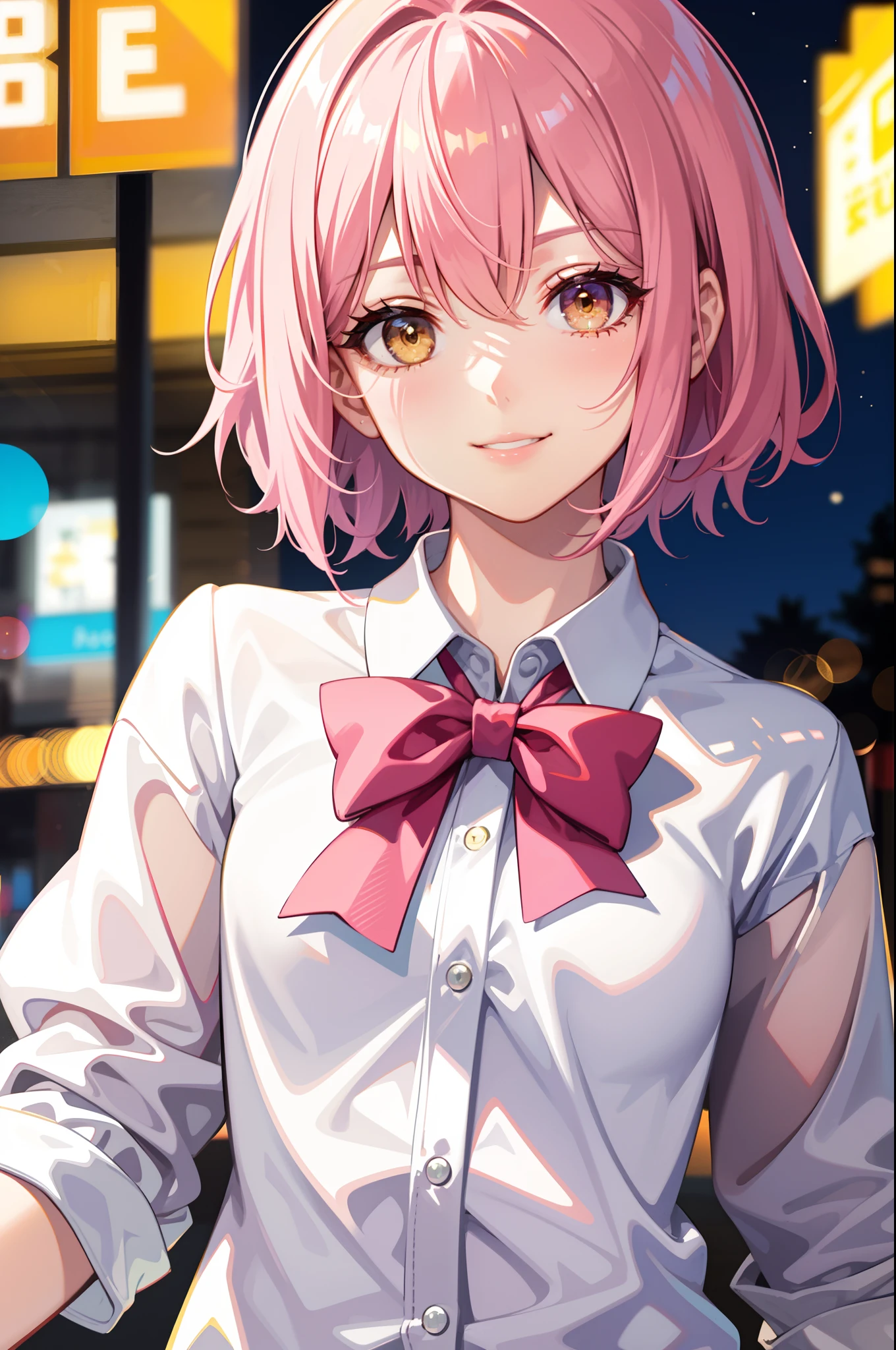 masterpiece, best quality, short hair, pink hair, close-up, yellow eyes, smile, small breasts, bowtie, white shirt, night, bokeh, outdoors,