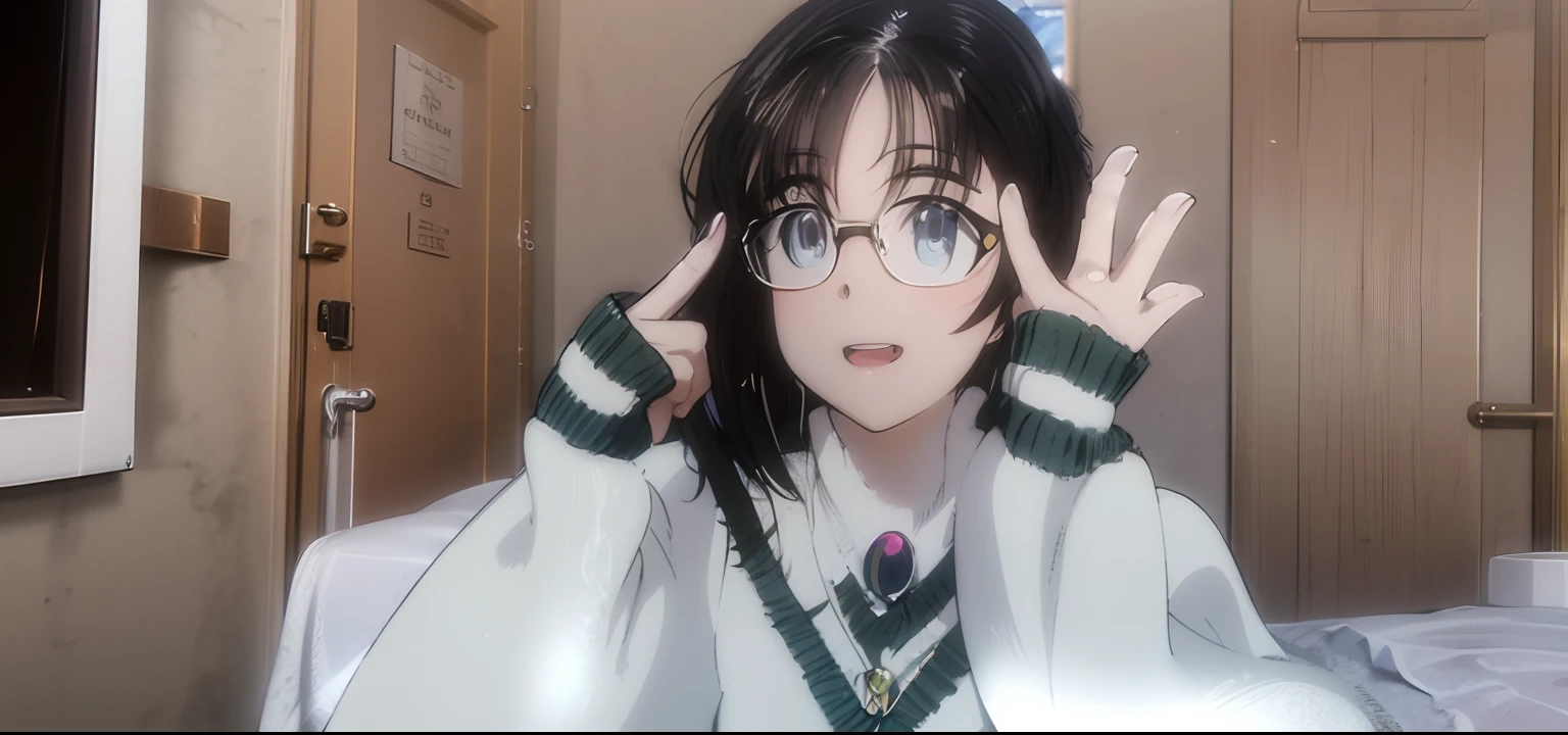 there is a woman wearing glasses and a sweater posing for a picture, ulzzangs, Anime girl in real life, cute slightly nerdy smile, With glasses, chiho, wearing small round glasses, with short hair, inspired by Ma Yuanyu, as an anime character, wearing thin large round glasses, Ruan cute vtuber, xintong chen