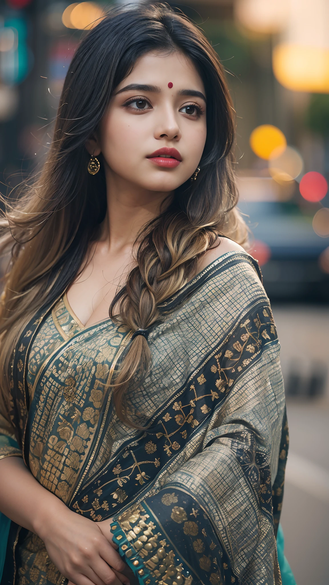 (((desi girl))), chubby face, natural skin, wearing hot deep neck top and dupatta, charming black hair, ((hair ends are blonde)), city streets background, bokeh