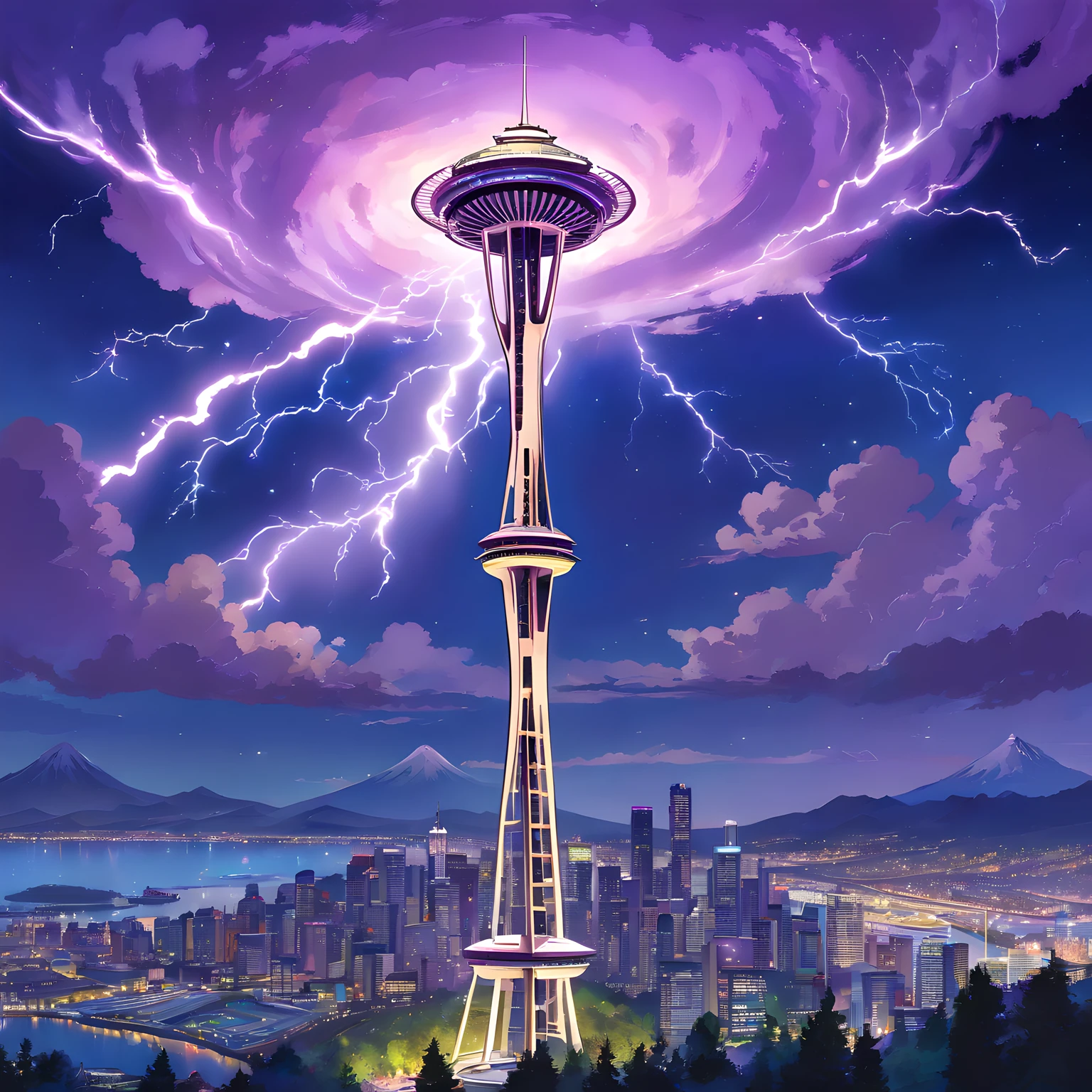 Isekai Space Needle、Space Needle of the near future、Space Needle、landmark、thunder clouds、lightning bolt、thunderstyle, simple purple background, Space Needle floating in the night view of Seattle、fantasy art, The glowing Space Needle、Fantasy world of Seattle cityscape、from below, night sence, night city view, Composition with emphasis on the presence of the Space Needle、