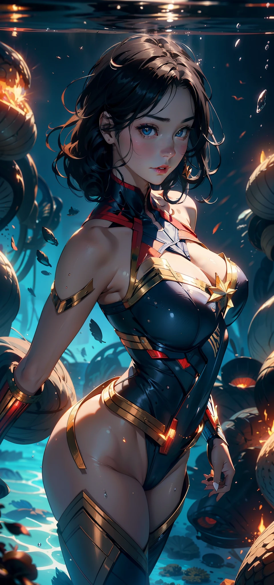 1female,41 years old,熟妇,A MILF ,Married Woman, mature,plumw,extremely large bosom ,Pornographic exposure, 独奏,(Background with:Underwater,ocean floor,Undersea volcanoes,airbubble,The corals) She has short black hair,standing underwater,seen from the front, hair straight,(((tmasterpiece),(Very detailed CG unity 8K wallpaper),best qualtiy,cinmatic lighting,detailed back ground,beatiful detailed eyes,Bright pupils,Redlip(Very fine and beautiful),(Beautiful and detailed eye description),ultra - detailed,tmasterpiece,)),facing at camera,A high resolution,ultra - detailed),revealing breasts,Bare genitalia, Bulge,legs are open,Raised sexy,Camel toes,Flushed complexion,Open-mouthed,frontage,(Wearing:Captain Marvel uniform)