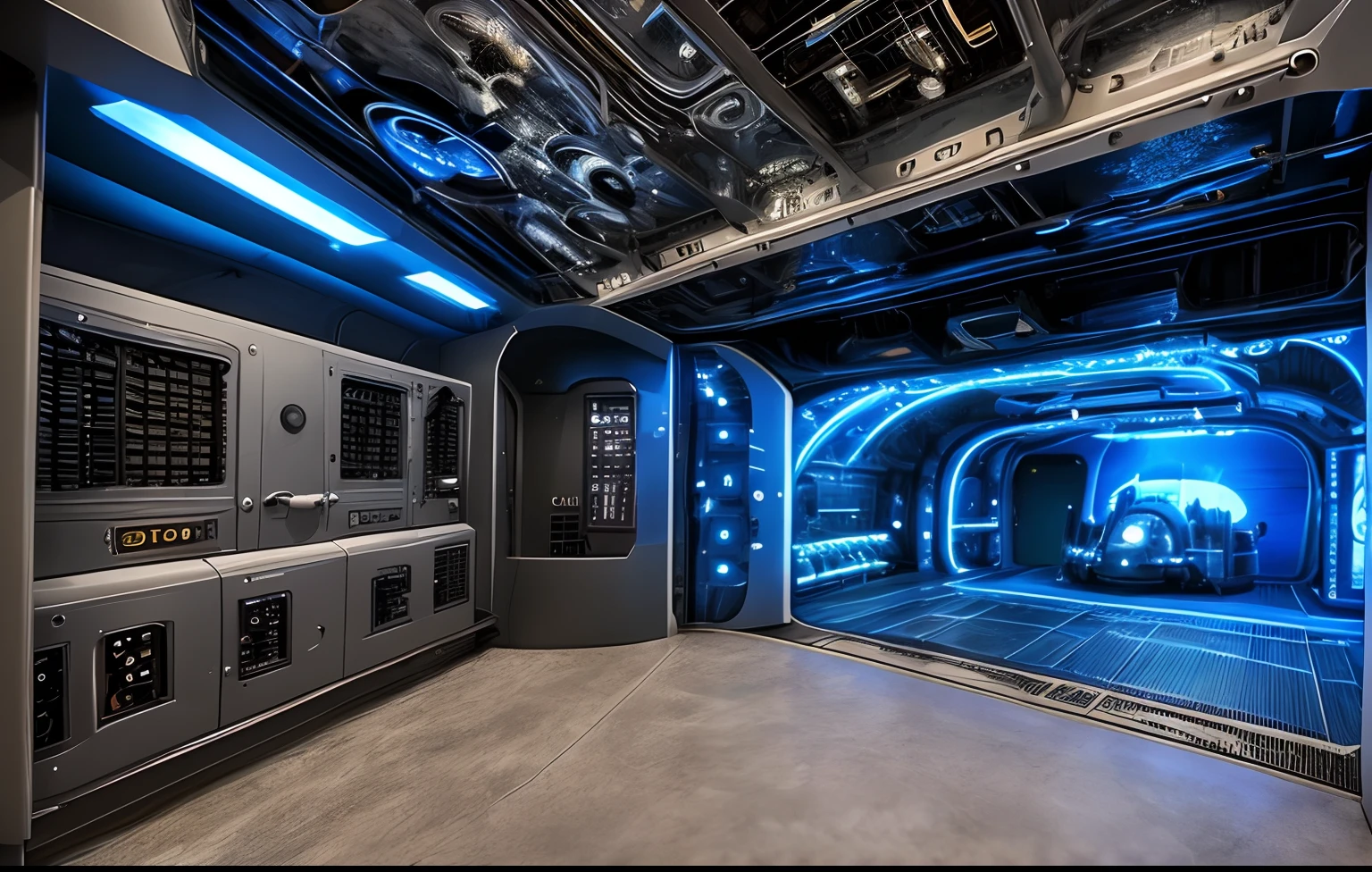 Inside the submarine,high - tech,sci-fy,Repressive,Epic magnificence,mechanized,Weapons room,Azure metal safe,Black vines wrapped around the floor