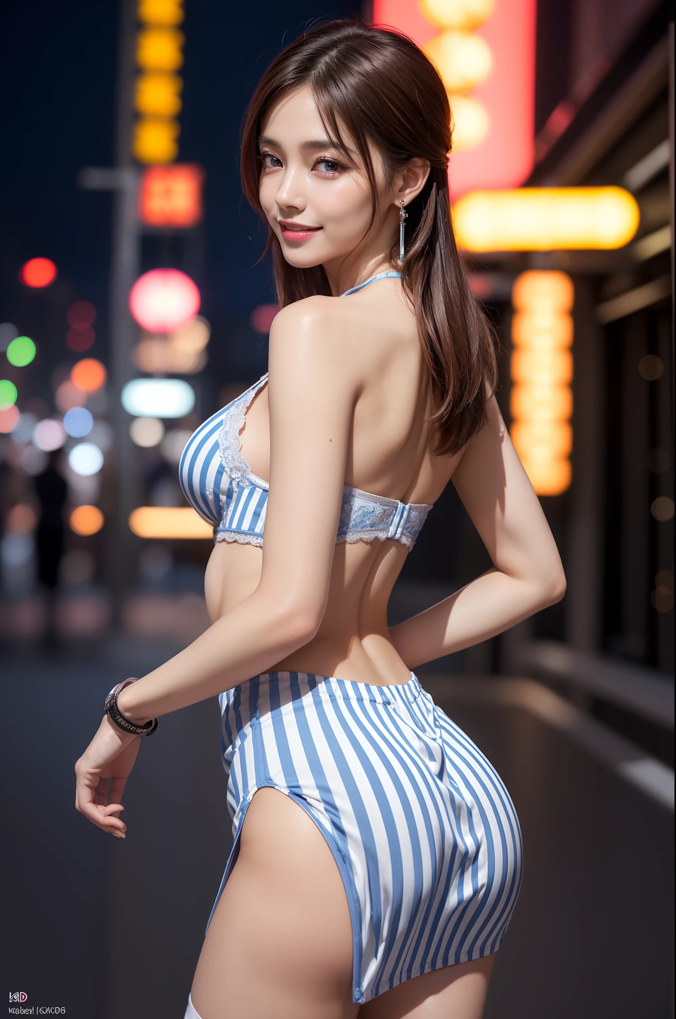 8K, masutepiece, Raw photo, Best Quality, Photorealistic, Highly detailed CG Unity 8k wallpaper, depth of fields, Cinematic Light, Lens Flare, Ray tracing, (Extremely beautiful face, Beautiful lips, Beautiful eyes), intricate detail face, ((Ultra detailed skin)) 1girl in, In the Dark, deepshadow, Pretty Korean girl, Kpop Idol, 1 girl, (Very slim and slender fit muscular body:1.3), ((Looking at Viewer)),(Big smile:1.3), (Midnight, a dark night, (Neon sign), (Blurred background), Dim light), (No people in the background:1.3), Beautiful earrings, Bracelets, Necklace, pantyhose, Clear eyes, Walking , Front shot, (pale skin), (Big eyes), Face forward, (Full body shot), (Brown hairs), open navel, (Looking at Viewer:1.3), Very slim, medium breasts, (Camel toe), thick thighs, turn back, (fluttering mini dress), (((Medium length skirt dress with blue and white vertical stripes))), (Tight skirt), ((backtrack, Back shot)), Ultra mini skirt, ((exposed ass)), upper Shot,((Magenta_Wearing Color_Ultra-thin_Lace_Underwear))