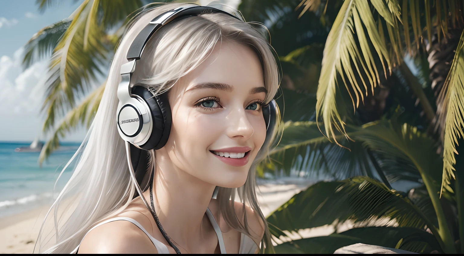 (Masterpiece, Best Quality, Photorealistic, high resolucion, photography, :1.3), Close-up shots of faces, Close-up shots of faces, Close-up shots of faces, Sharp focus, (1 Girl, A European girl, Popular models), Realistic skin, Slender body type, Big breasts, (Her long, Pure white silver hair swept to the side, extremely detailed hair), Delicate sexy face, Organoleptic gases, Sparkling lips,(green pupil),(green pupil),(green pupil), ((realisitic, A hyper-realistic, realism, realistic detailed)), (Medium Tits:1.5), (White tank top T-shirt and ripped jean shorts), (A slender waist), (slim thigh), (Small hips), (Sorrisos), (seaside, waves, palm tree) (seaside, waves, palm tree), (Long straight hair), A woman is standing, (Sorrisos), (Sorrisos), (headphones), ( DJ Mix), (headphones), ( DJ Mix), (headphones), ( DJ Mix)